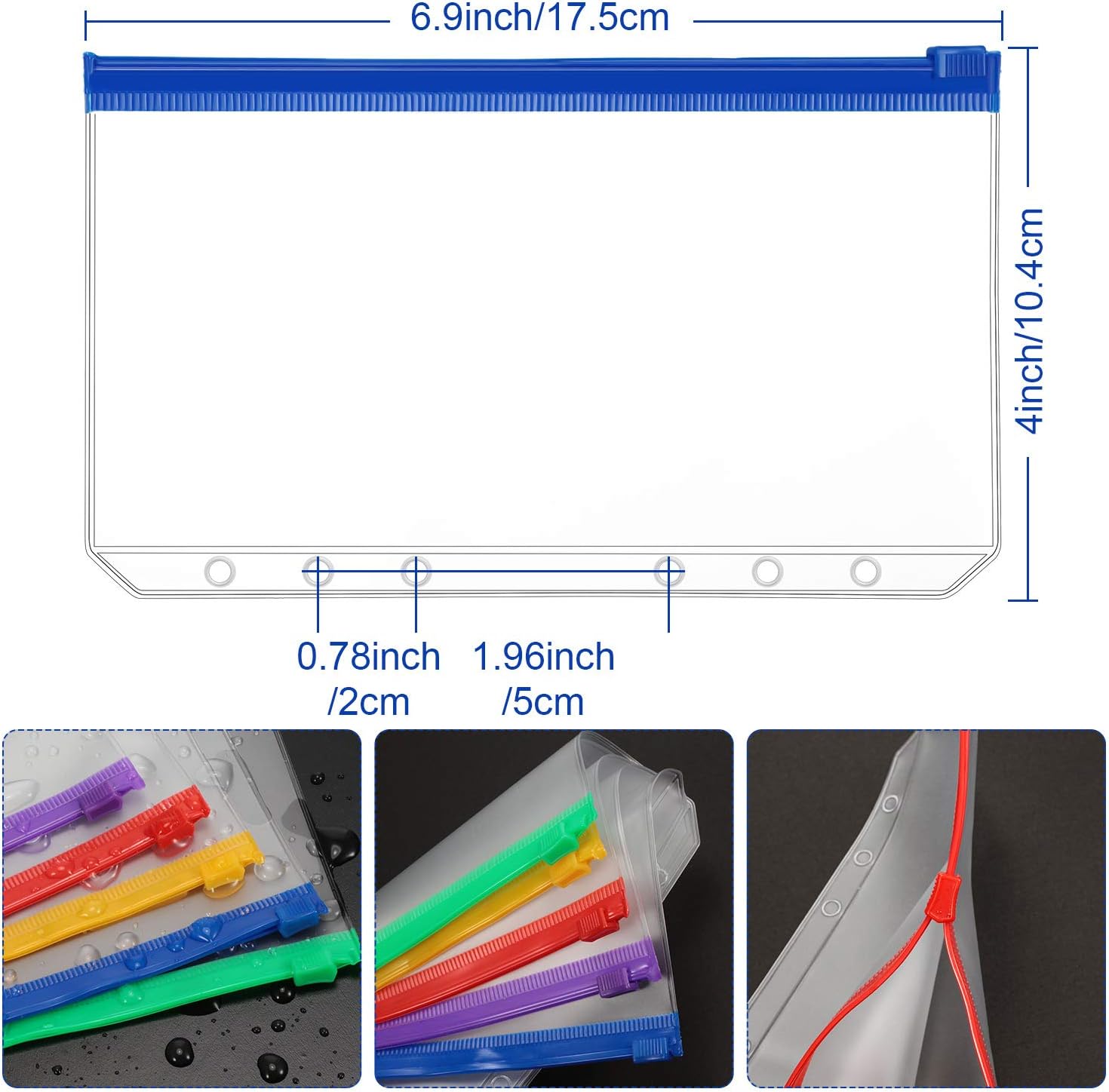 A6 Size 6 Holes Binder Pockets, Plastic Colorful Binder Zipper Folders for 6-Ring Notebook Binder Loose Leaf Bags Waterproof PVC Pouch Document Notebooks Cards Filing Bags (12 Pieces)