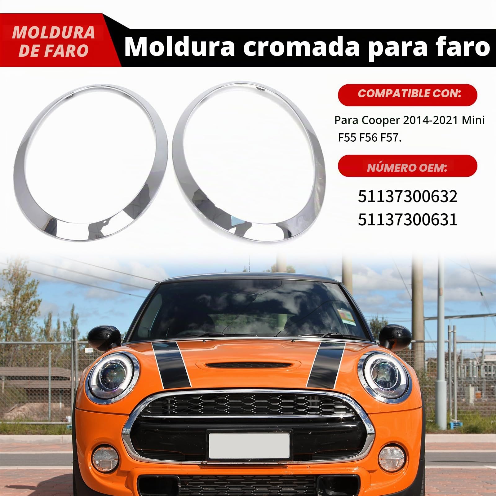 Anillo decorativo para faros delanteros para coche, compatible con Mini Cooper F55 F56 F57 2014 – 2021, repuesto de anillo embellecedor de faros cromados, OEM 51137300631 51137300632 51712355791