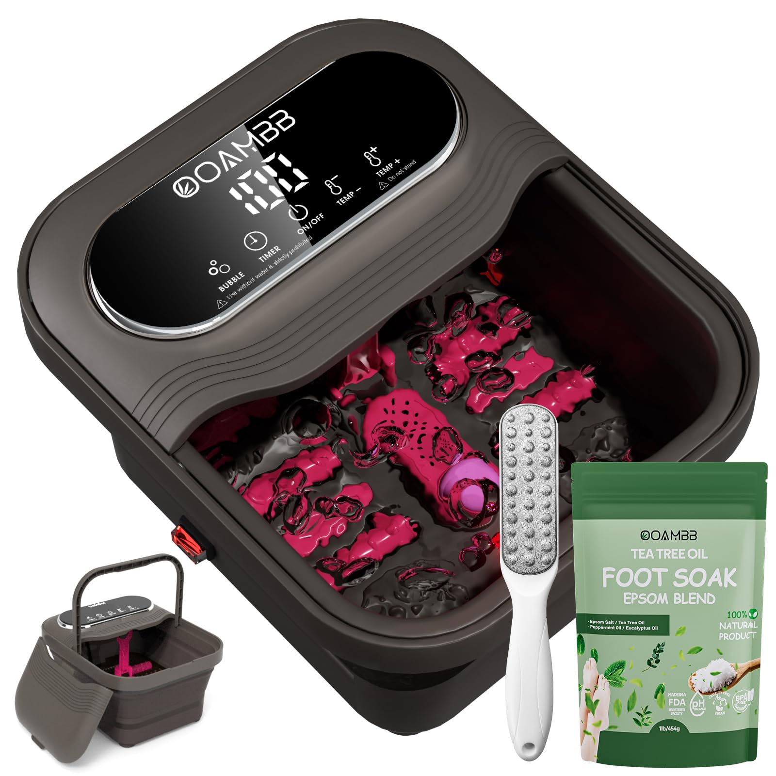 Collapsible Foot Spa with Heat, Bubble and Temp Control, Foot Bath Massager with XL Touch Screen and Massage Rollers, Foot Soaking Tub, Pedicure Foot spa for Stress Relief (Dark Grey +Green)