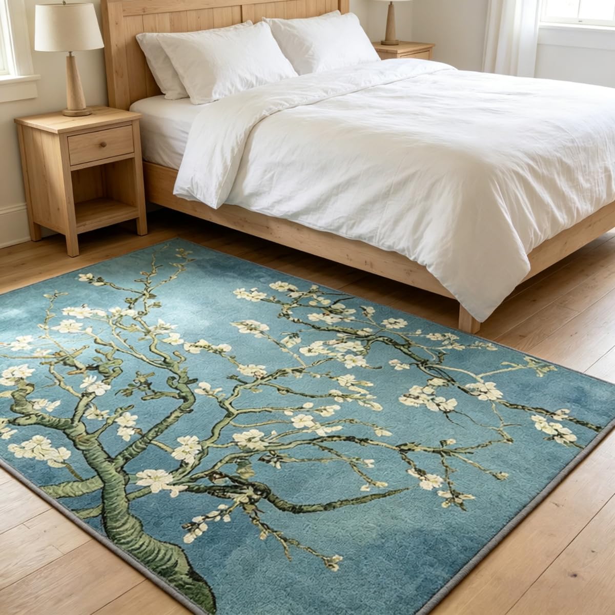 Tapis amandiers en fleurs bleu lavable pour en finir avec les taches