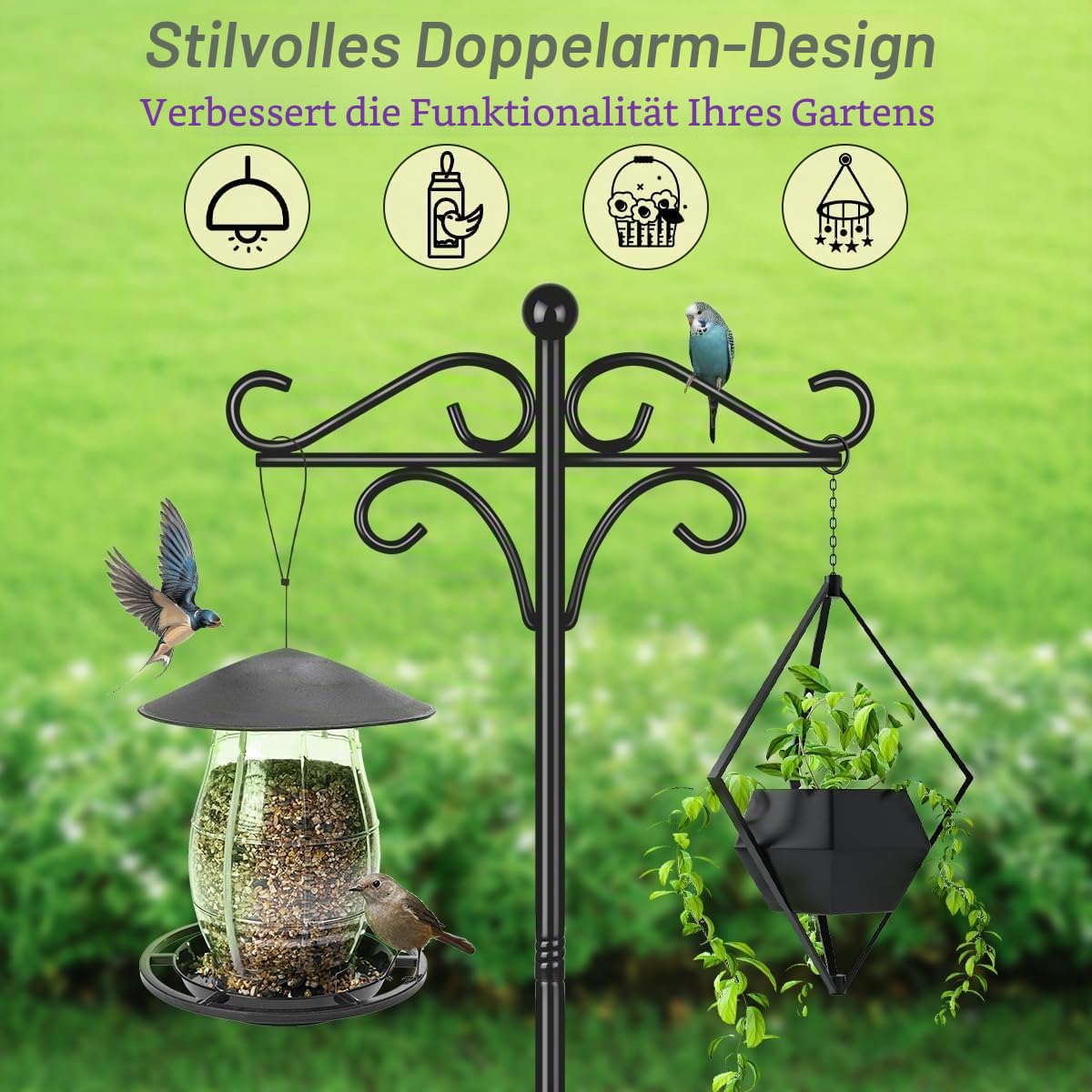 Ständer für Vogelfutterhaus auf Fuß, ca. 195 cm, ca. 2 m, verstellbar mit 2 Haken, robuster freistehender Doppelständer für den Garten, leuchtende Laterne, Metallaufhängung, Schwarz