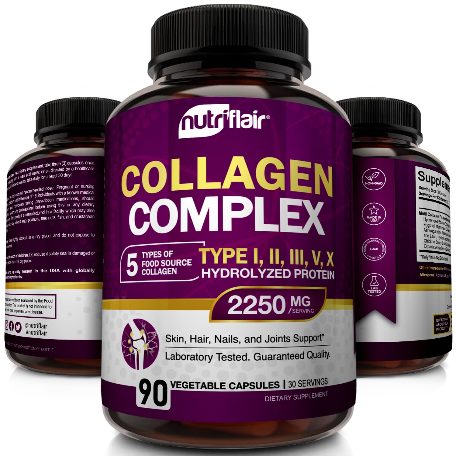 NutriFlair Multi Collagen Peptides 2250mg, 90 Capsules - Type I, II, III, V, X - Collagen Supplements Complex Powder Pills for Women and Men - Hydrolyzed Protein, Healthy Hair, Skin, Nails - Non-GMO — Amazon image 3