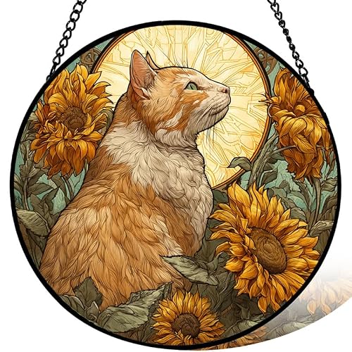 Stained Acrylic Puzzle Suncatcher,7.48in Orange Cat and Sunflowers Feline‑Floral Decor