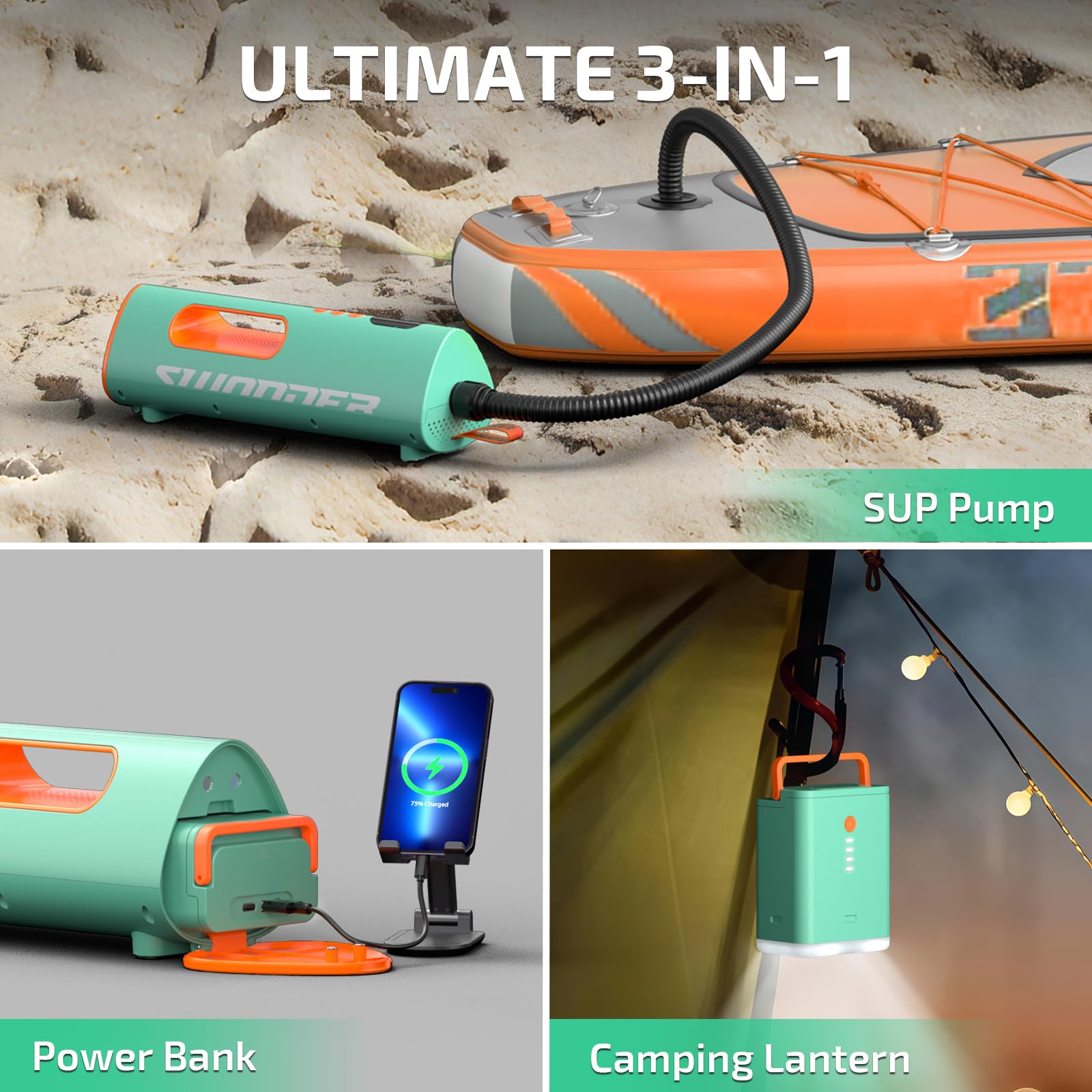 Swonder Seafalcon Bomba de tabla de remo, bomba de aire eléctrica recargable 3 en 1 con batería extraíble, bomba portátil para tabla de remo, kayak, inflables, barcos