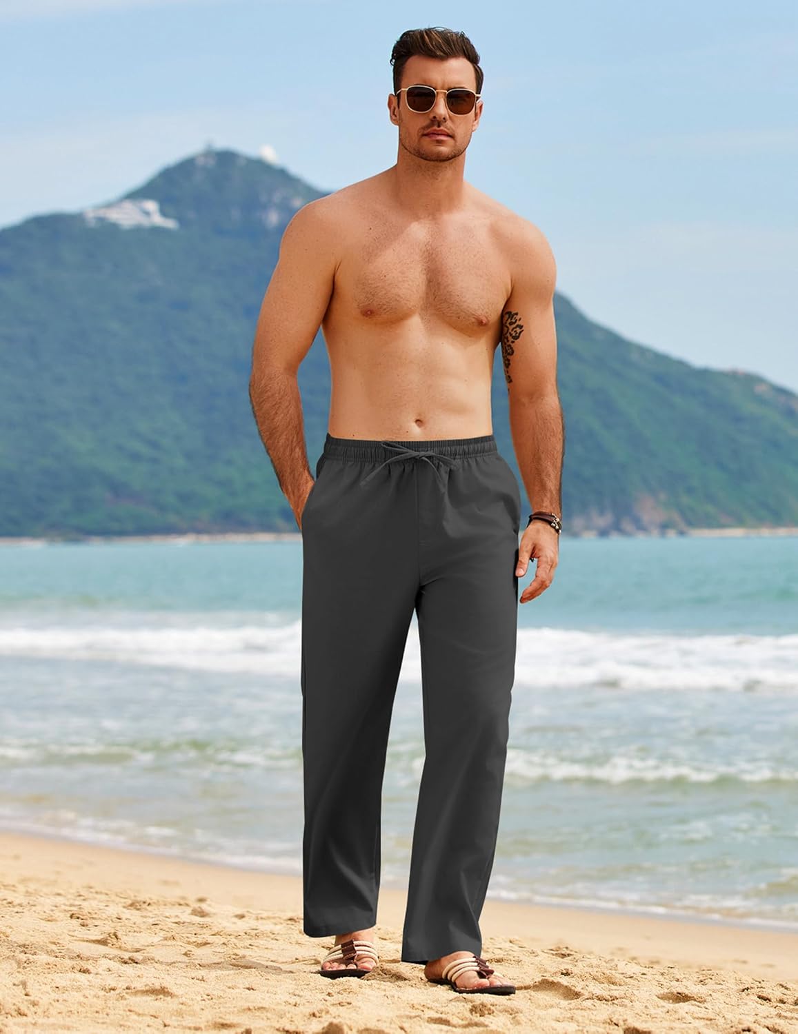 COOFANDY Herren Hose Sommer Leichte Leinenhose Freizeithose Strandhose Loose Fit Männer Hosen mit Gummizug für Urlaub Strand Alltag - Image 3