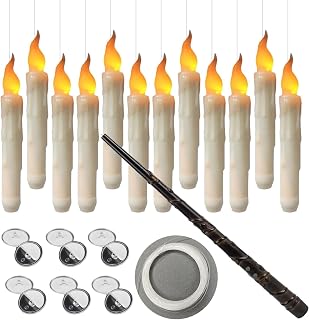 Halloween Floating LED Candles Decorations - 12PCS Flameless Floating Candles with Wand Remote Control, Yellow/Warm White Light Flickering Hanging Fake Candles, Floating Candle Set for Party