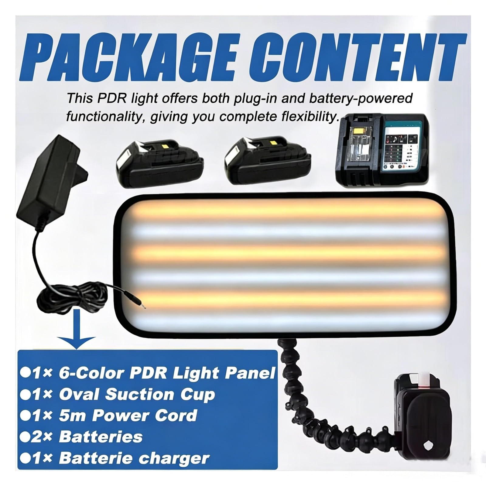 Kit Luce LED PDR Professionale 6 Zone con Ventosa 5 Pollici - Doppia Alimentazione a Cavo e Senza Fili, Batteria Ricaricabile per Riparazione Carrozzeria, Rilevamento Grandine