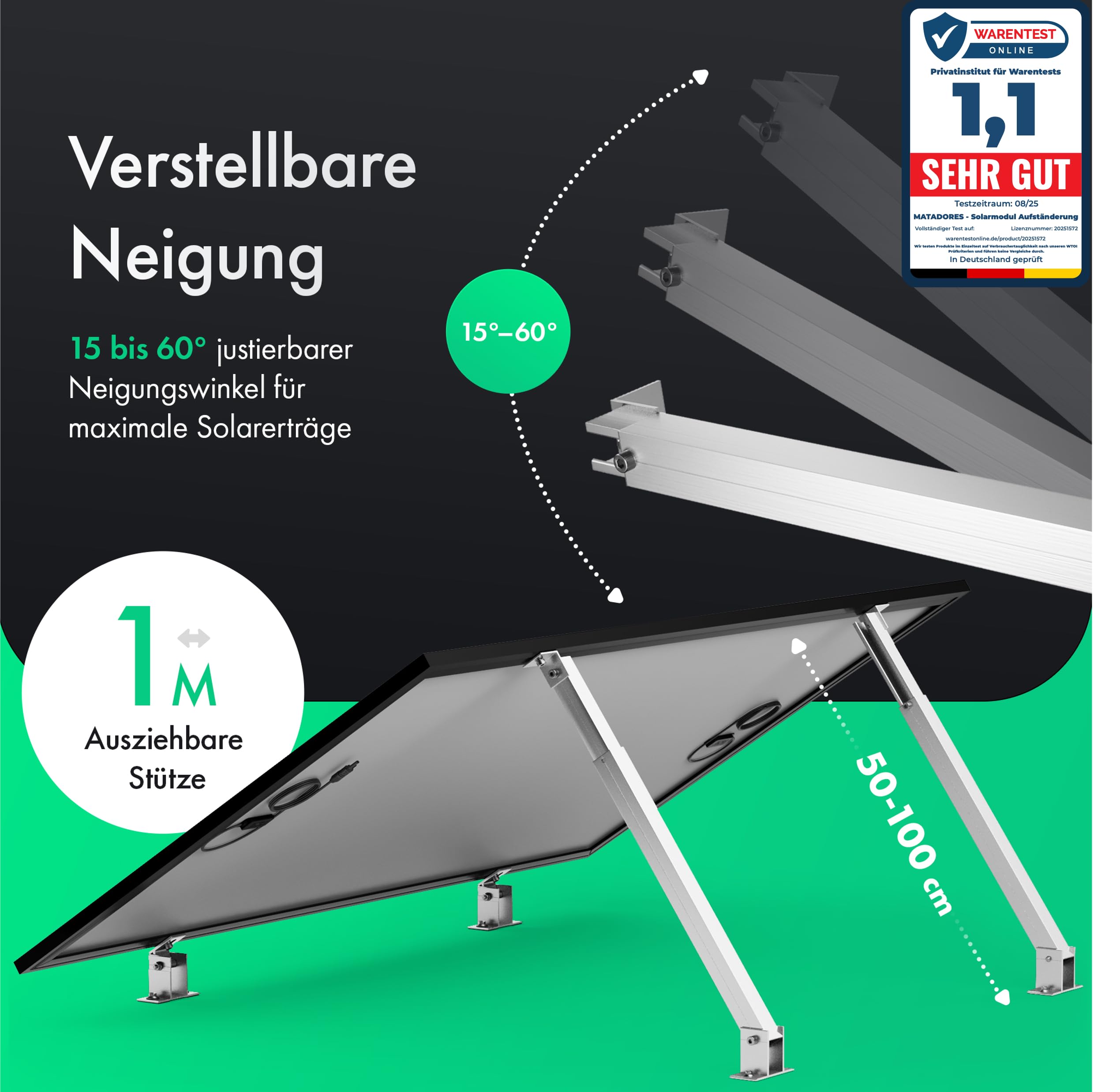 MATADORES Aufständerung für 2 Solarmodule | Für Hauswand, Flachdach, Balkon | Verstellbar 15°–60° Neigung | Aluminium-Halterung für Balkonkraftwerk | Inkl. Montageset