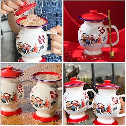 Miniatura 2 de Tazas de leche de cerámica, Taza en forma de escupitón con tapa, Tazas de broma, Tazas chinas retro de porcelana, Tazas de agua con forma de olla de