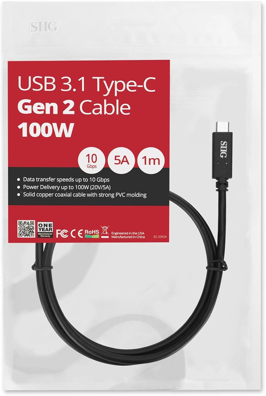 SIIG USB-C Cable 100W 3.3ft, USB-C to USB-C Fast Charging, 4K@60Hz, USB 3.1 Gen 2 up to 10Gbps, USB-IF Certified, Thunderbolt 3 Port Compatible with MacBook, iPhone 15/15 Pro, iPad, Galaxy S23, Black