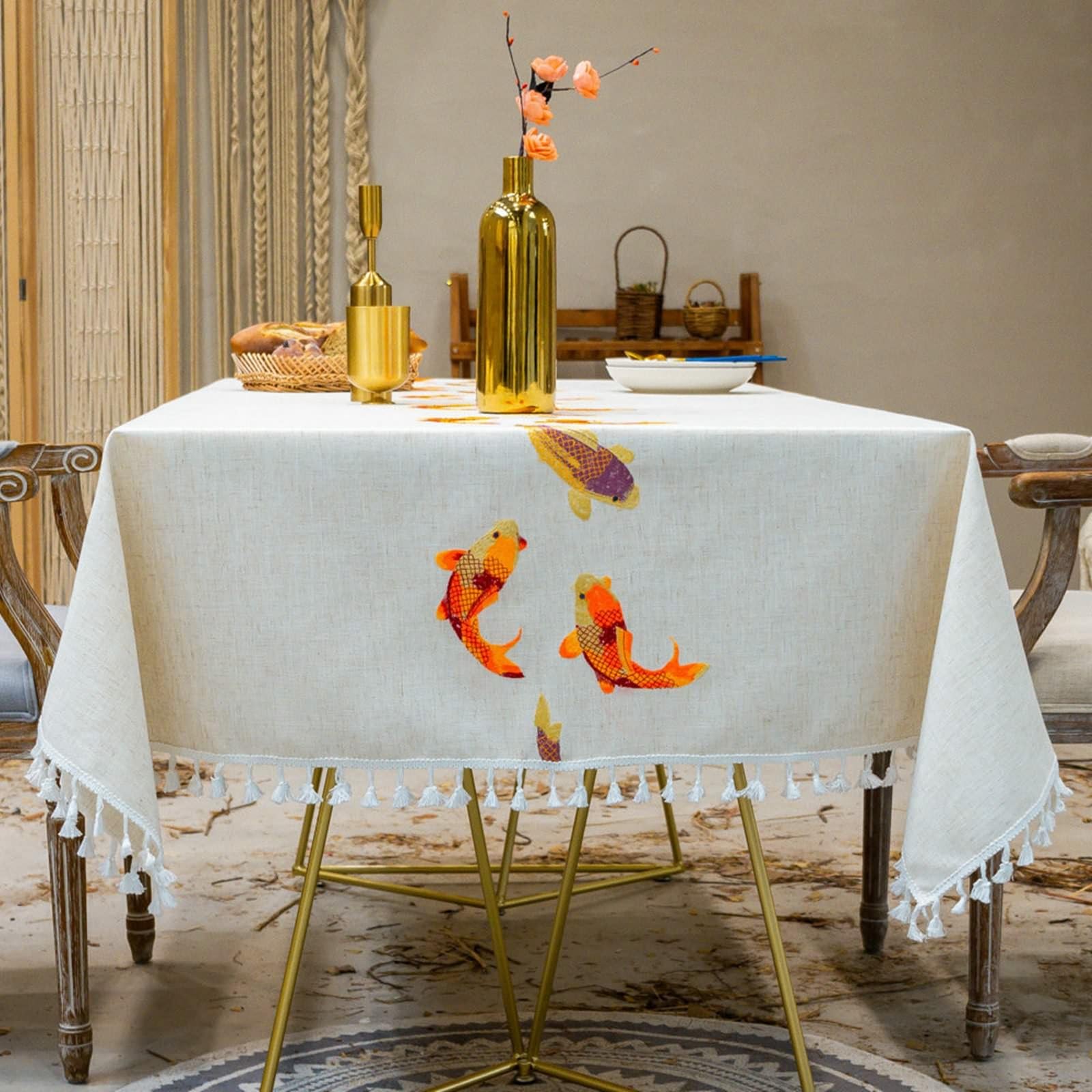Tischdecke Küchentisch, Baumwolle Leinen Stickmuster Karpfen Tischtuch für Esszimmer, Garten, Party, Hochzeiten oder Haushalt, Orange, Orange, 100 x 160 cm