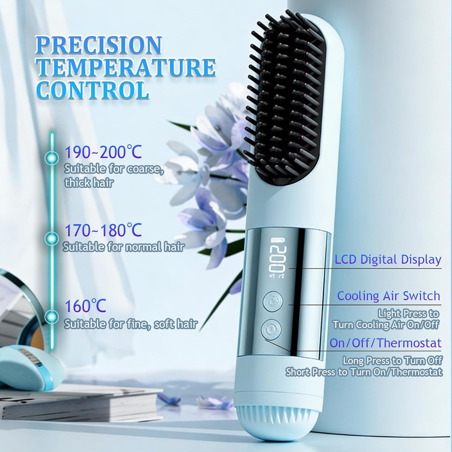 Portable Straightener Brush, Cordless Hair Straightener Comb (Brown)