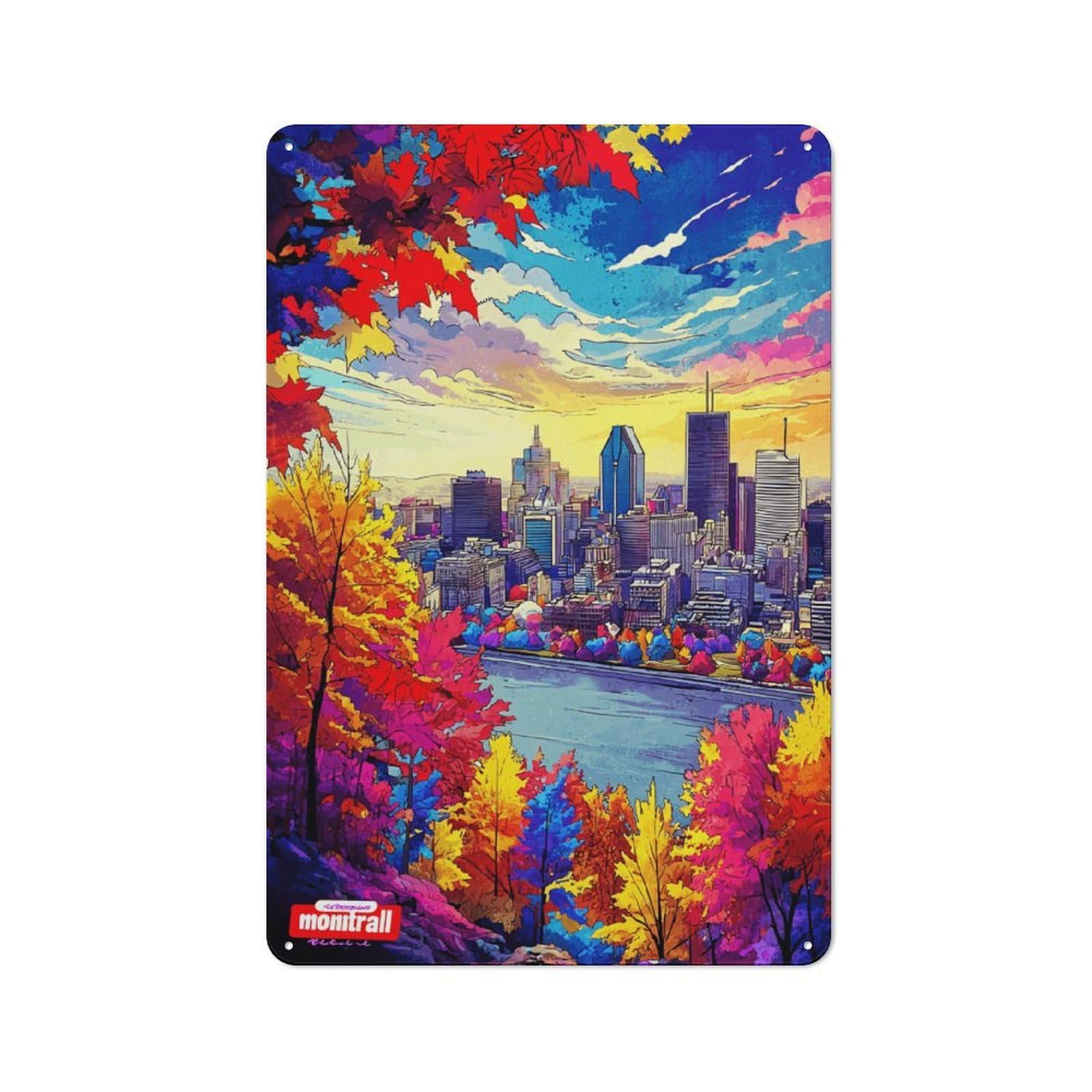 Junmoney Autumn Cityscape With Vibrant Colors Vintage Metal Gift Sign 30X20cm, Home Wall Decor For Bedroom, Kitchen, Office Or Living Room