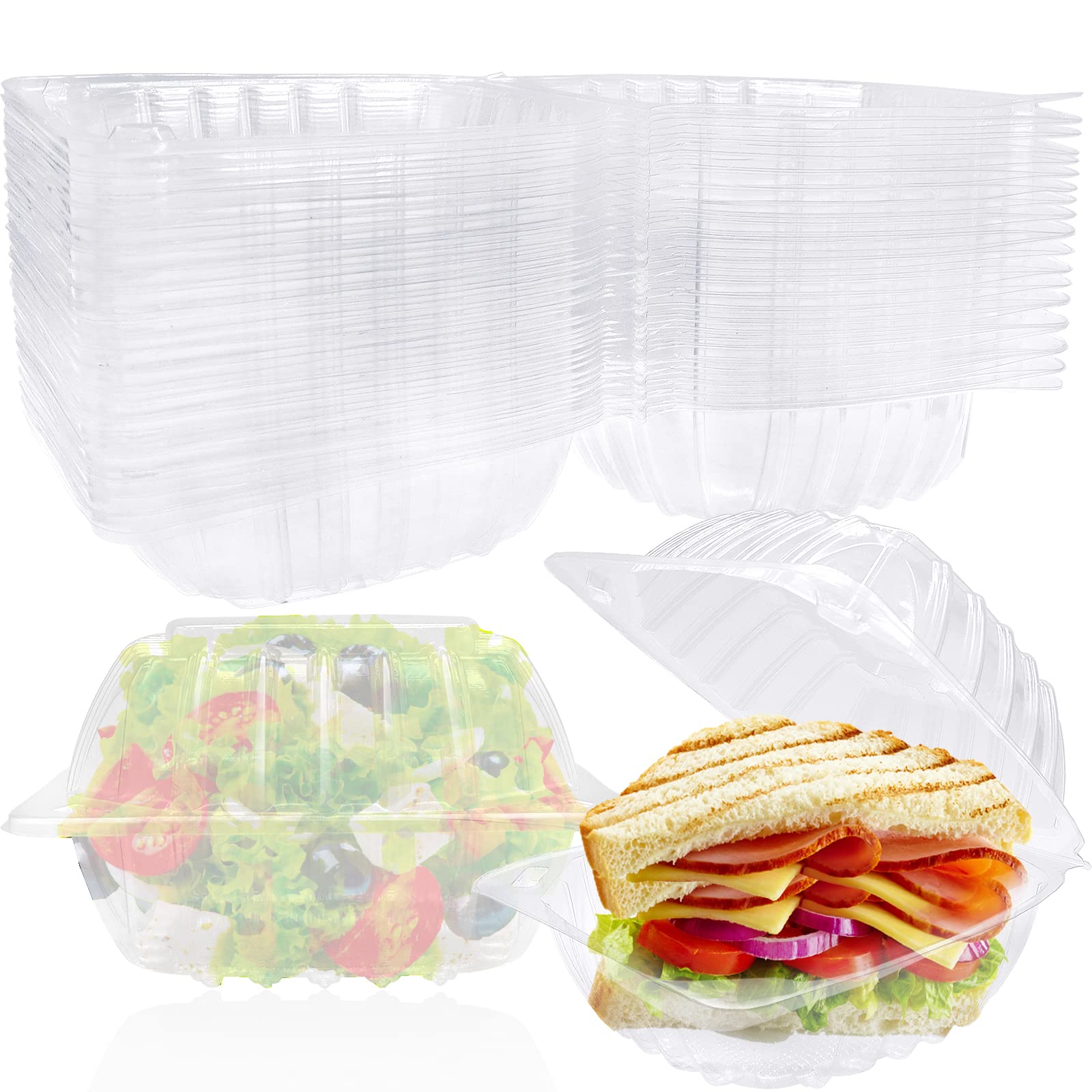 50 Pack Disposable Clamshell Takeout Trays,Plastic Hinged Food Container,Clear To-go Containers for Pastry,Salad,Dessert,Bakery Supplies and Treat Boxes