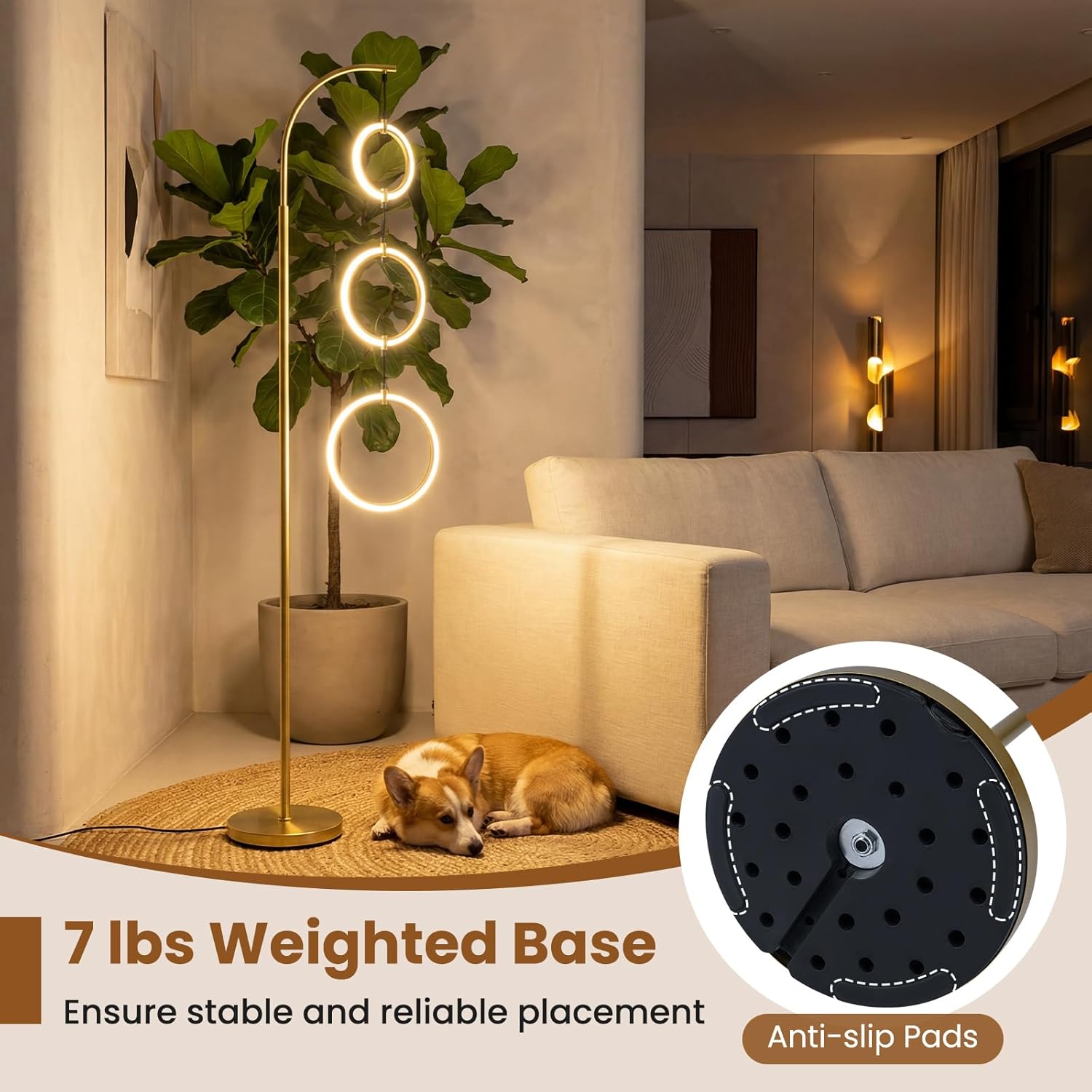 Giantex 71'' Modern 3-Ring LED Floor Lamp, Dimmable Standing Lamp with Foot Switch, 3 Color Temperatures Tall Contemporary Light for Living Room, Bedroom, Office, Gold