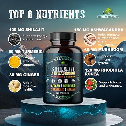 Miniatura 2 de Shilajit para hombres  Suplemento adaptogénico 8 en 1 con Ashwagandha, Cordyceps, Ginseng, Rhodiola, cúrcuma, Chaga y jengibre  Energía natural,
