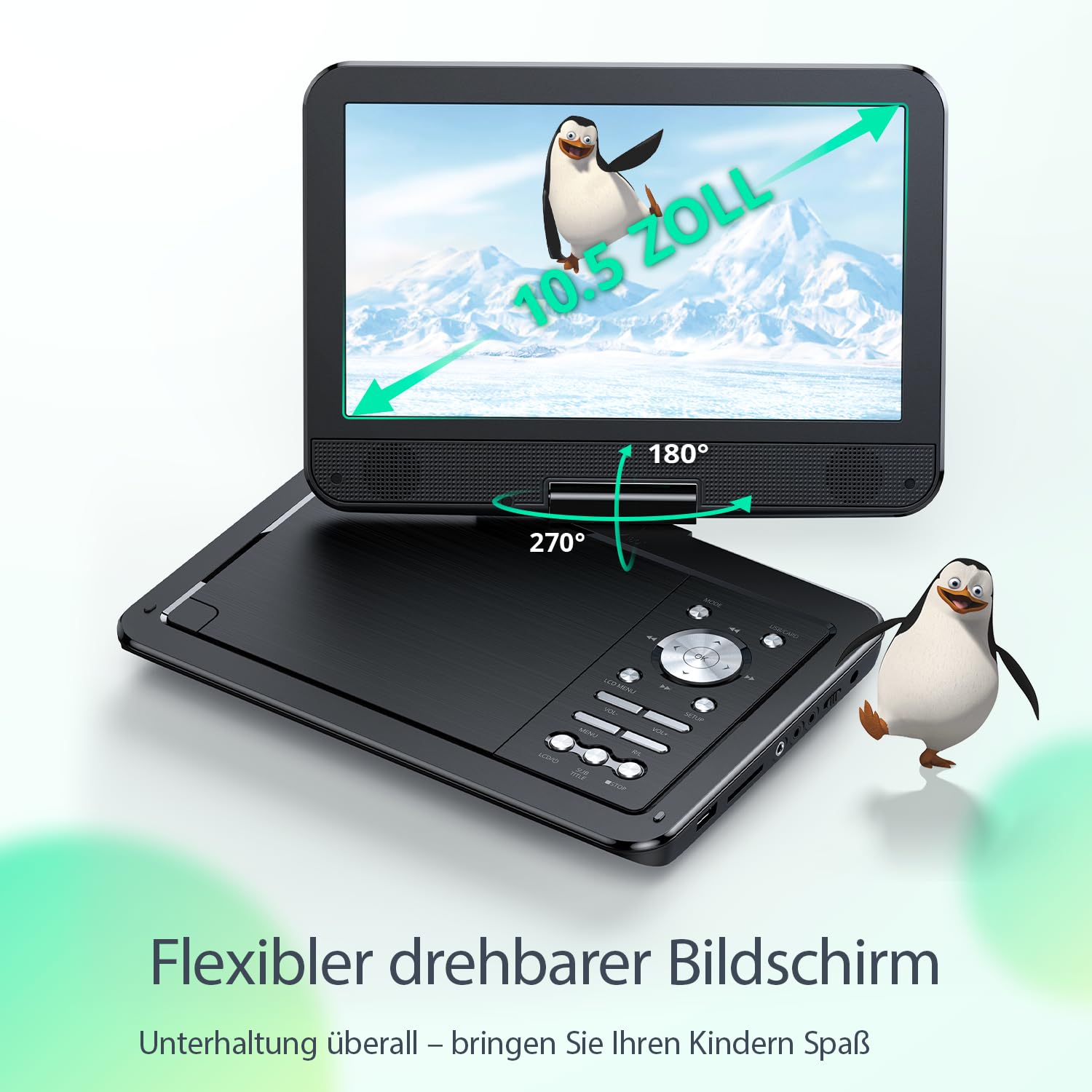 YOTON 12,5-Zoll Tragbarer DVD-Player mit 10,5-Zoll HD-Drehbildschirm, ideal fürs Auto, inkl. Autoladegerät, Netzteil, Akku, unterstützt USB/SD-Karte/TV-Sync [Kein Blu-ray]