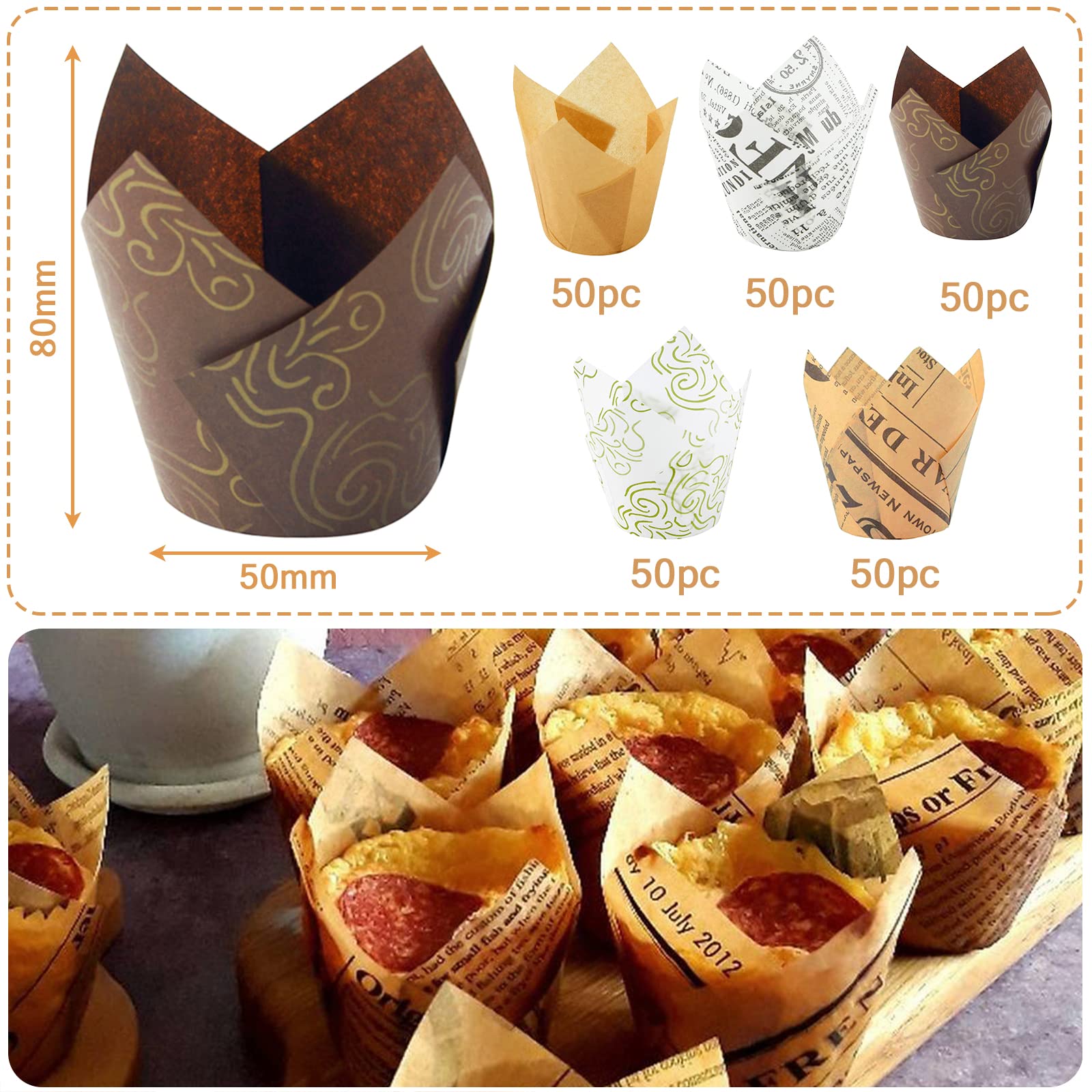 250 Piezas Vasos de Papel para Hornear Magdalenas, Muffins, Cupcakes, para Bodas, Fiestas de Cumpleaños, Baby Showers y Navidad (5 Estilos)