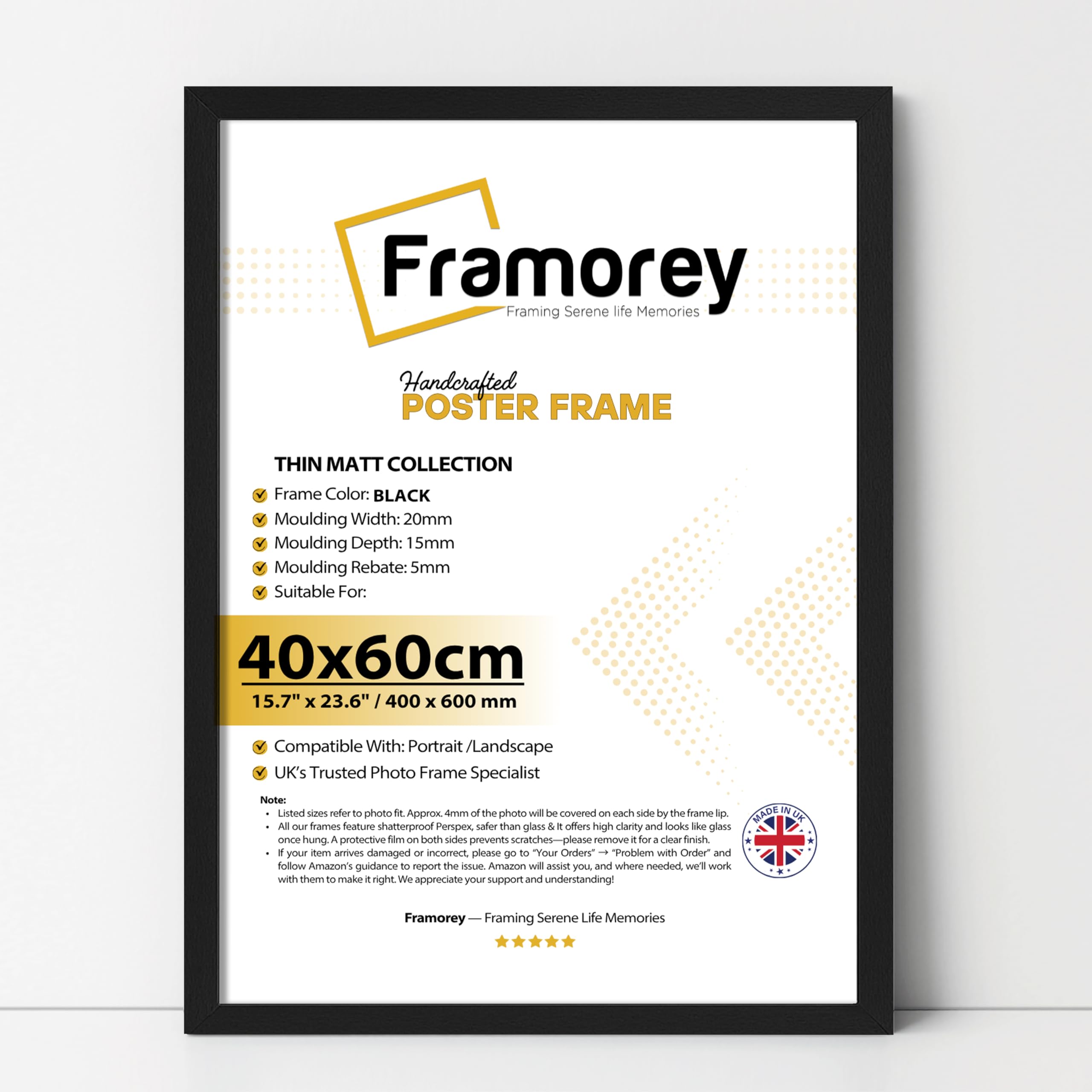 Framorey Framing Serene Life Memories Black Framorey 60X40cm Photo Frame – Modern Thin Matt Slim Profile With Clear Perspex – 24X16 Inch Engineered Wood Frame For Posters, Art Or Wall Decor In Uk Homes & Offices