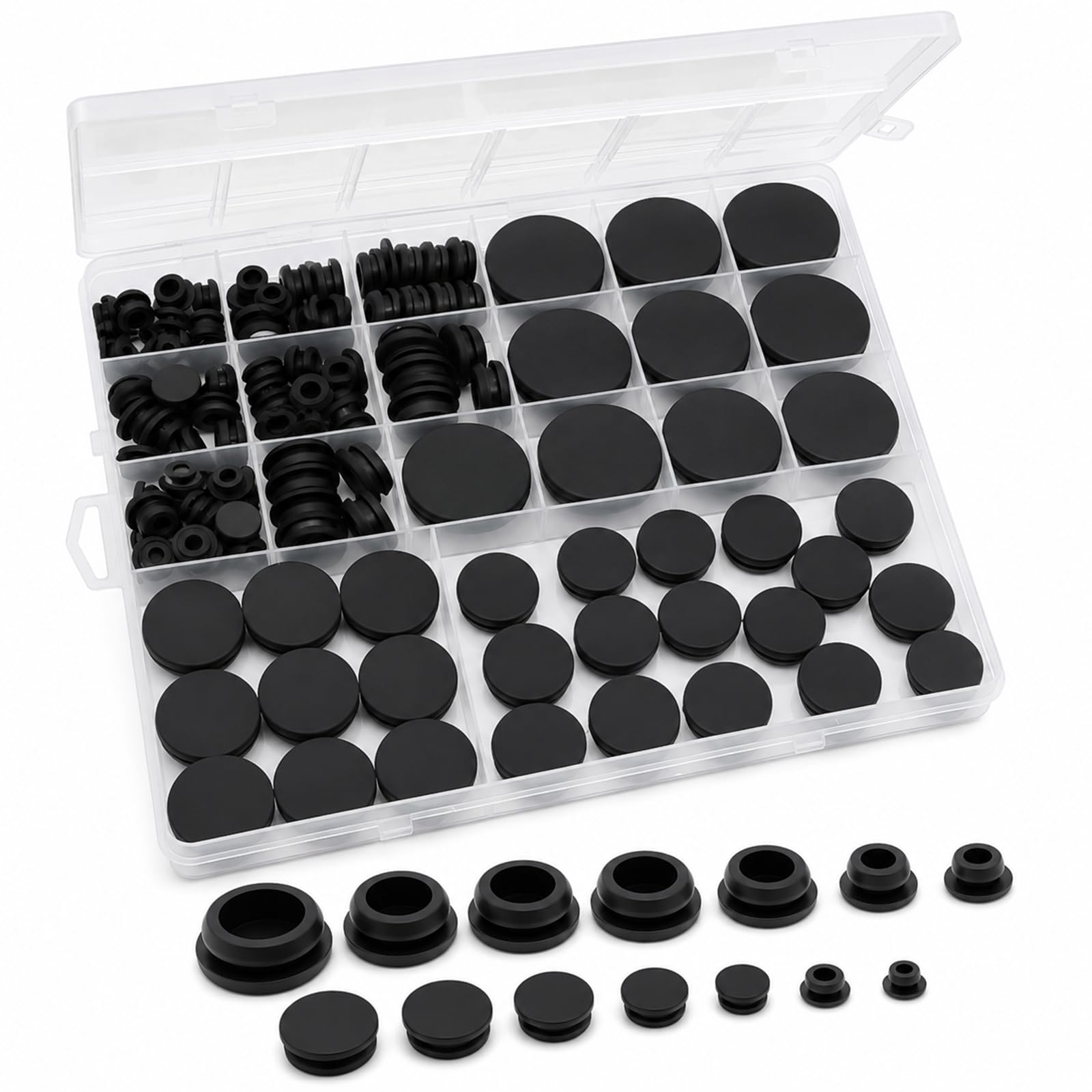 125Pcs Rubber Grommets for Holes, 8 Sizes Black Rubber Bungs Kit with Box