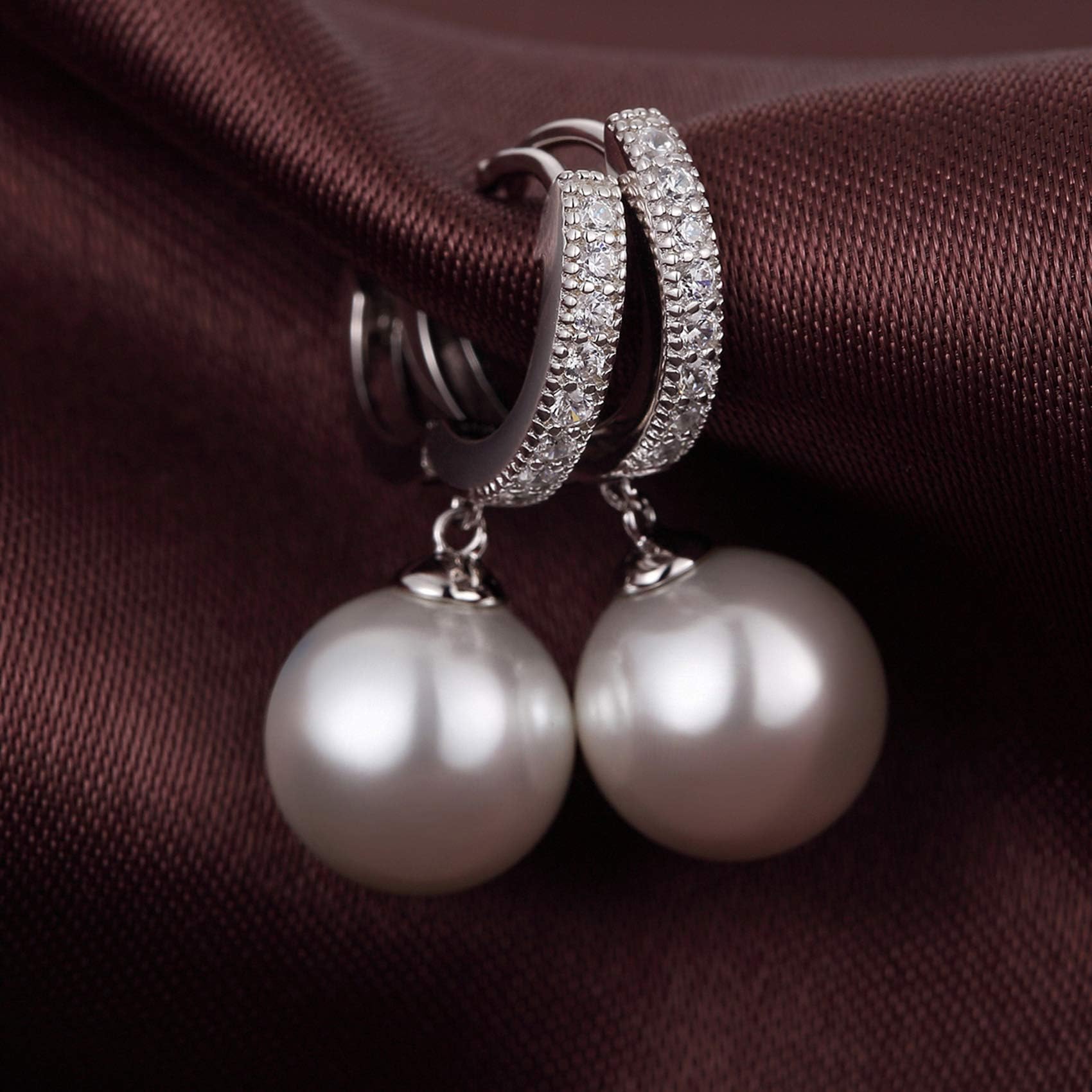 Perlenohrringe 925 Sterling Silber Perlen Creolen Huggie Ohrringe Hängend Perlen mit Zirkonia Diamanten Schmuck Geschenke für Damen Braut Hochzeit 10 mm