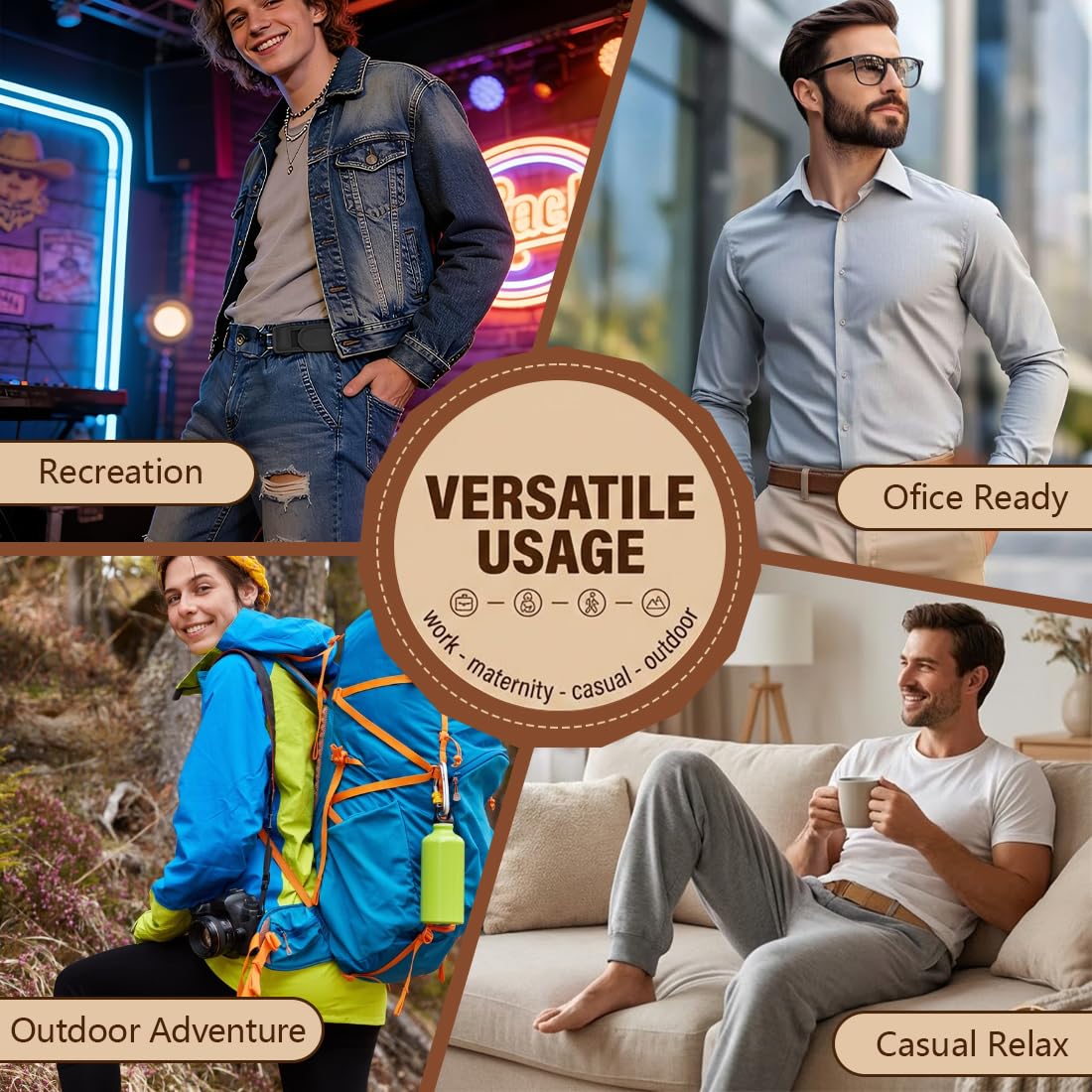 Set of 2 Belt without Buckle, Men's Elastic Belt, for Jeans, Leisure Trousers & Outings, Unisex - 3