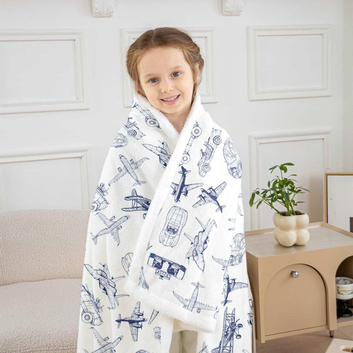 Aircraft Sherpa Fleece Throw Blanket - Airplane Print Decor, Microfiber Sketch Style Blue White Fuzzy Plush for Bedroom, Twin 60"x80"