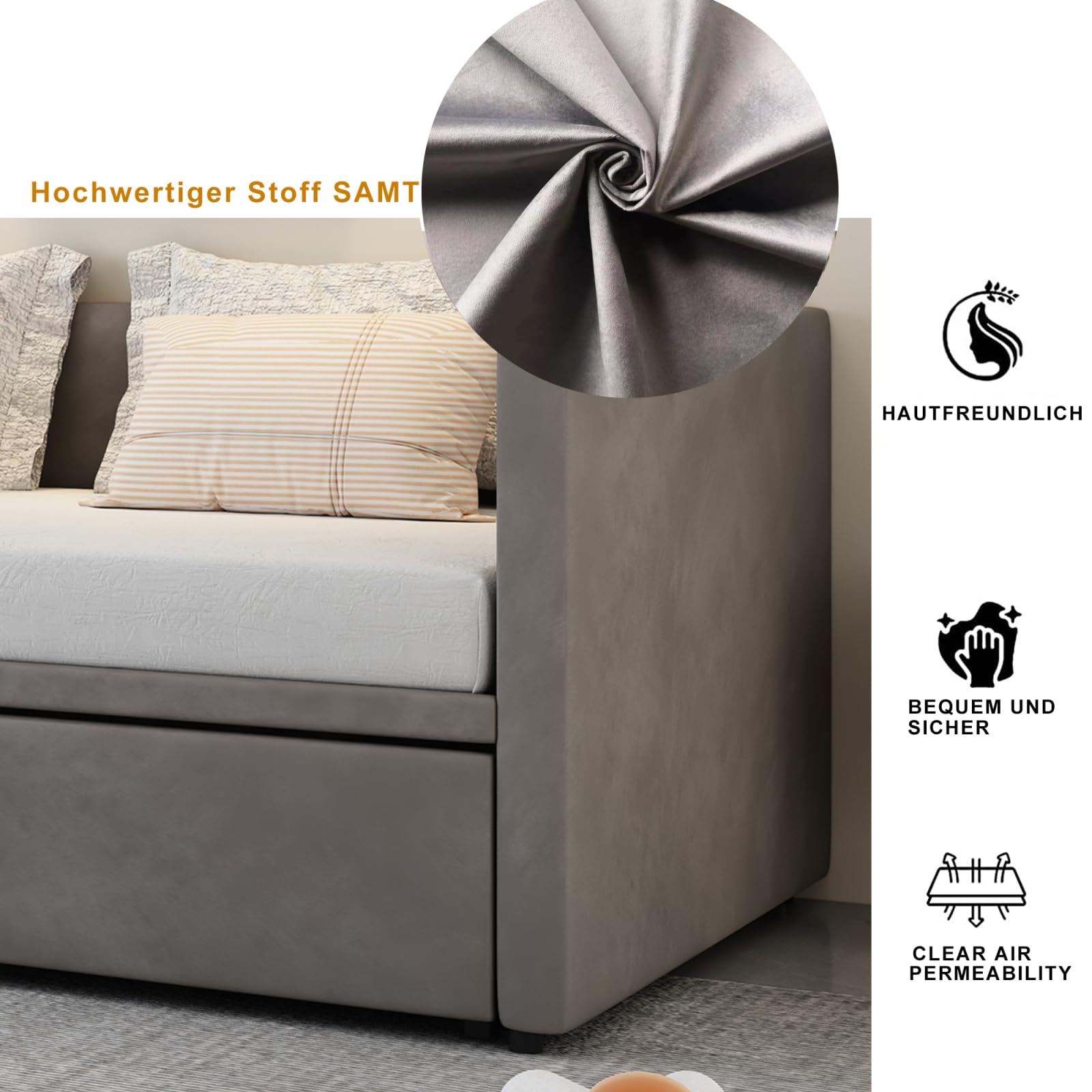 Schlafsofa Ausziehbar 90/180x200cm,Gästebett Tagesbett mit Lattenrost,Grau | Schlafcouch Polsterbett für Schlafzimmer Wohnzimmer,Ausziehbar zum Doppelbett,für Kleine Räume,Multifunktionsbett,Samtstoff