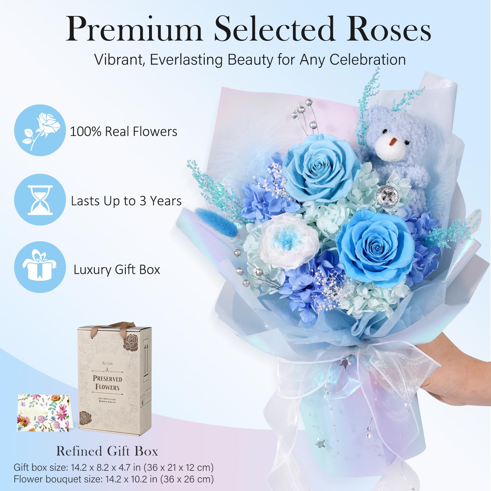 Bouquet di fiori stabilizzati con orsetto, 3 rose eterne vere, bouquet di rose blu a lunga durata, regalo per anniversario e compleanno, San Valentino per lei, per donna, ragazza, fidanzata