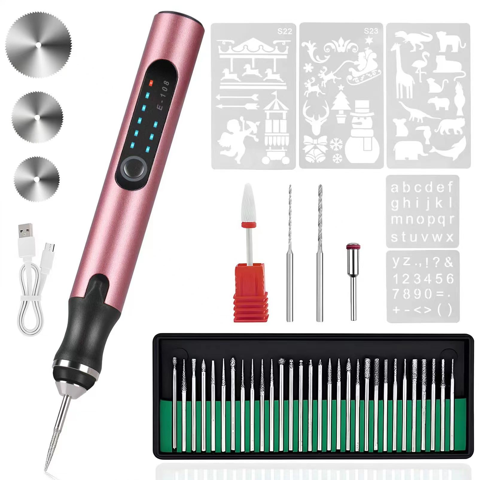 Electric Engraving Pen with 37 Bits, USB Rechargeable Cordless Etching Engraving Tool, Portable DIY Rotary Engraver for Jewelry Wood Glass Stone Carving (Rose Red)