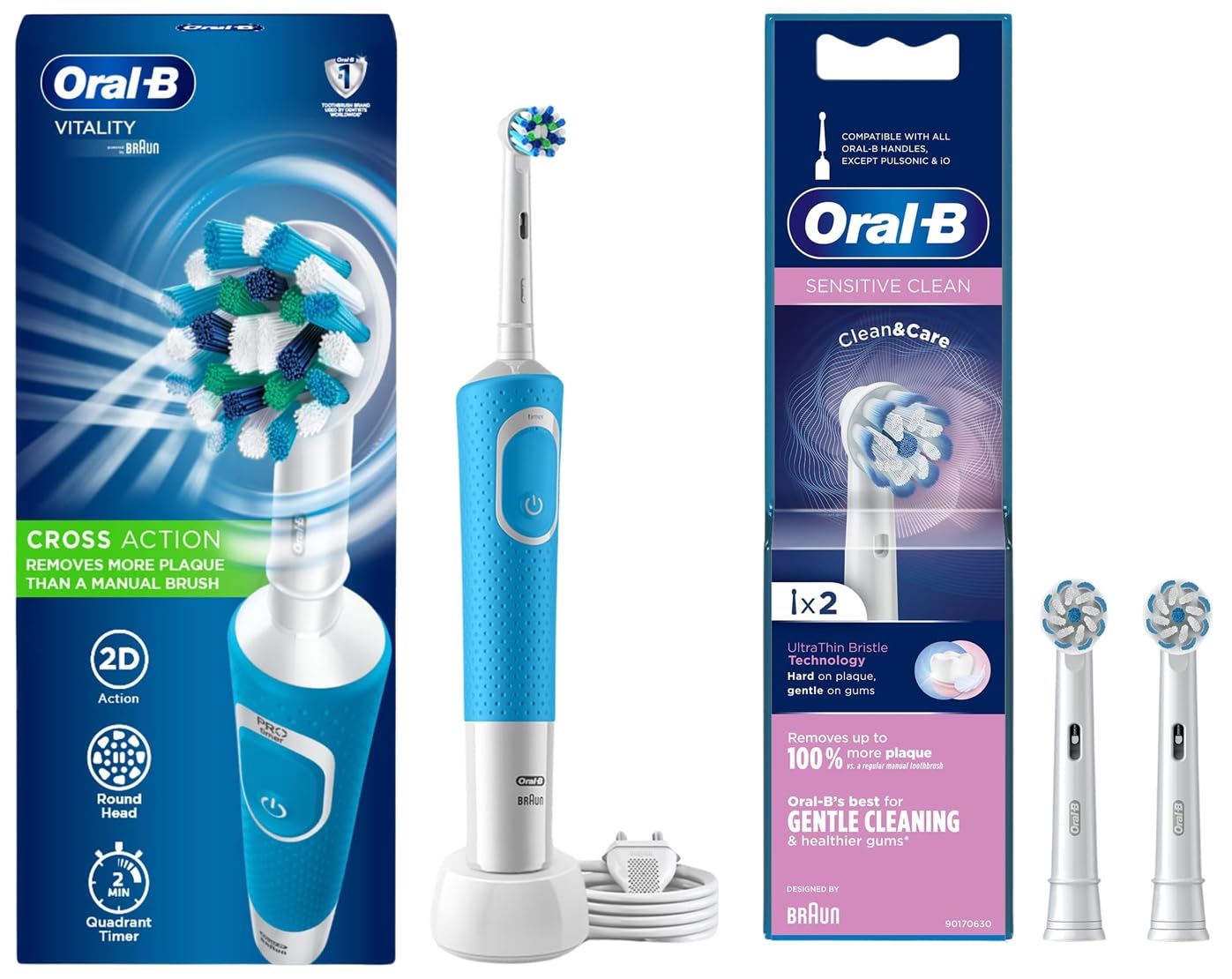 Oral B Vitality 100 Blue Criss Cross Electric Rechargeable Toothbrush for adults & Oral B ORIGINAL Sensitive Electric Toothbrush Soft Replacement Brush Heads Pro,Smart Series, 2 refills-image-15
