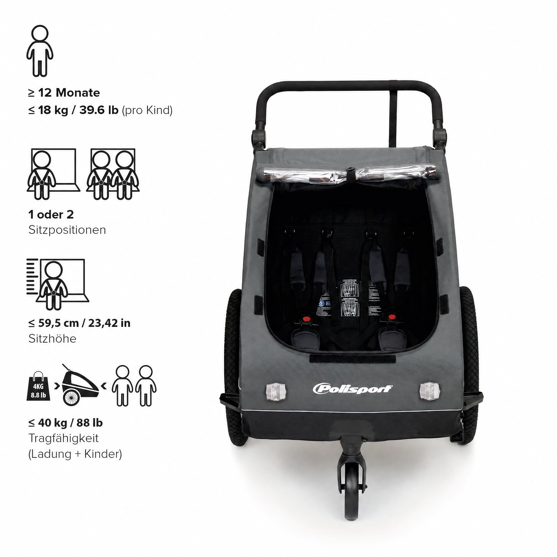 Polisport Kinderfahrradanhänger 2-in-1 mit Kinderwagen, Schwarz/Grau