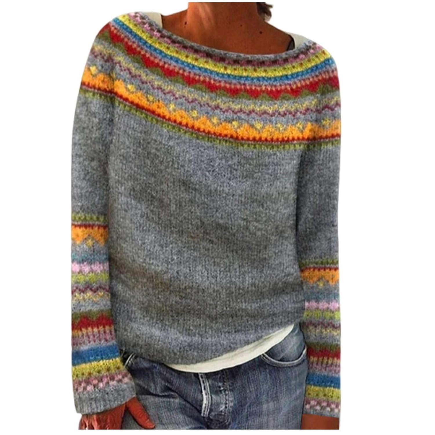 Womens Oversized Fair Isle Sweater Vintage Long Sleeve Pullover for Fall Winter Holiday Christmas Casual Tops
