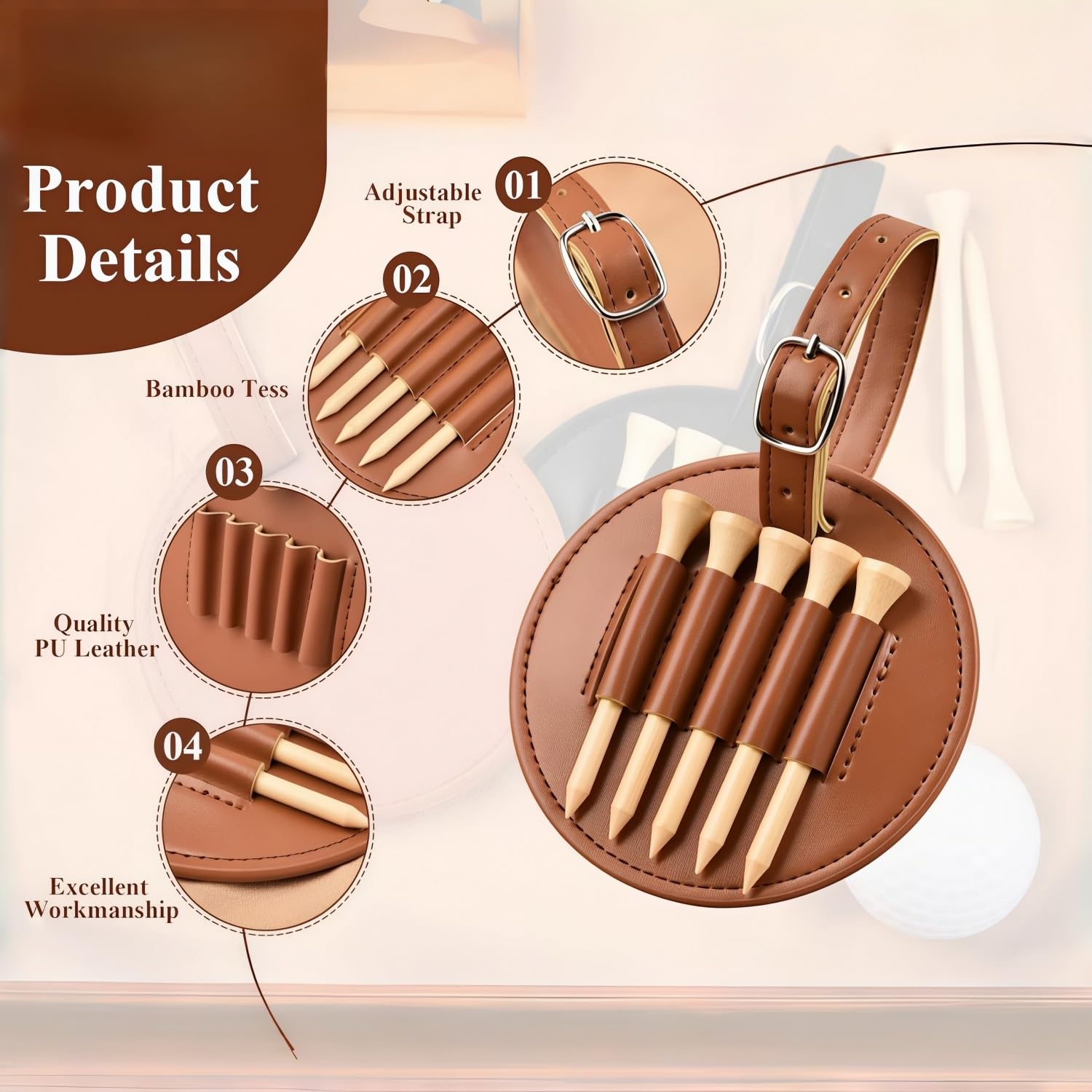 Etichetta per Sacca da Golf in Pelle Personalizzata E Supporto per Tee, Custodia con Nome Inciso Personalizzato - Organizer Compatto per Accessori da Golf per Uomo E Donna