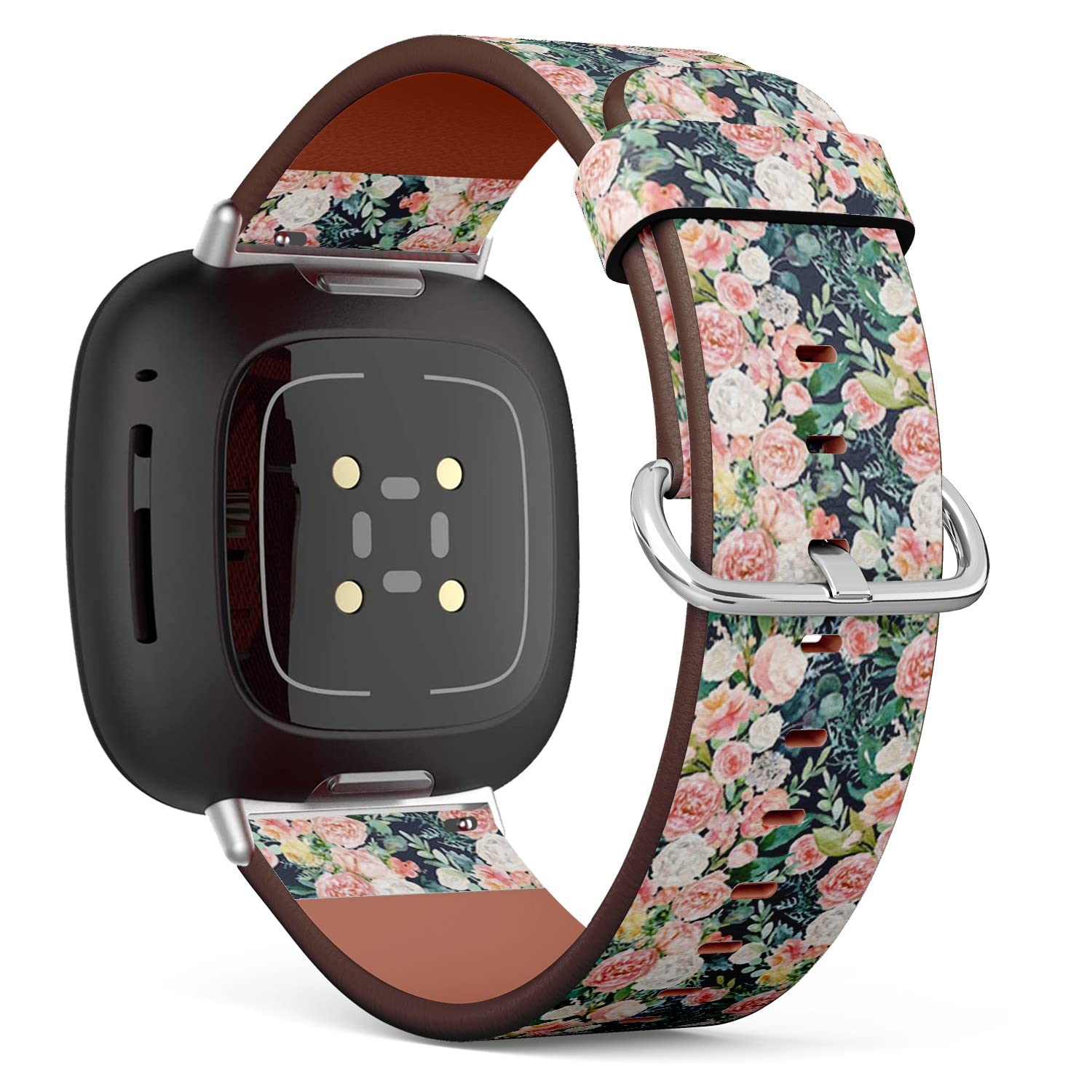 CJBROES Replacement Leather Watch Band, Compatible with Fitbit Versa 3 and Fitbit Sense of Wristband Bracelet Accessory - Watercolor-Floral-Flowers