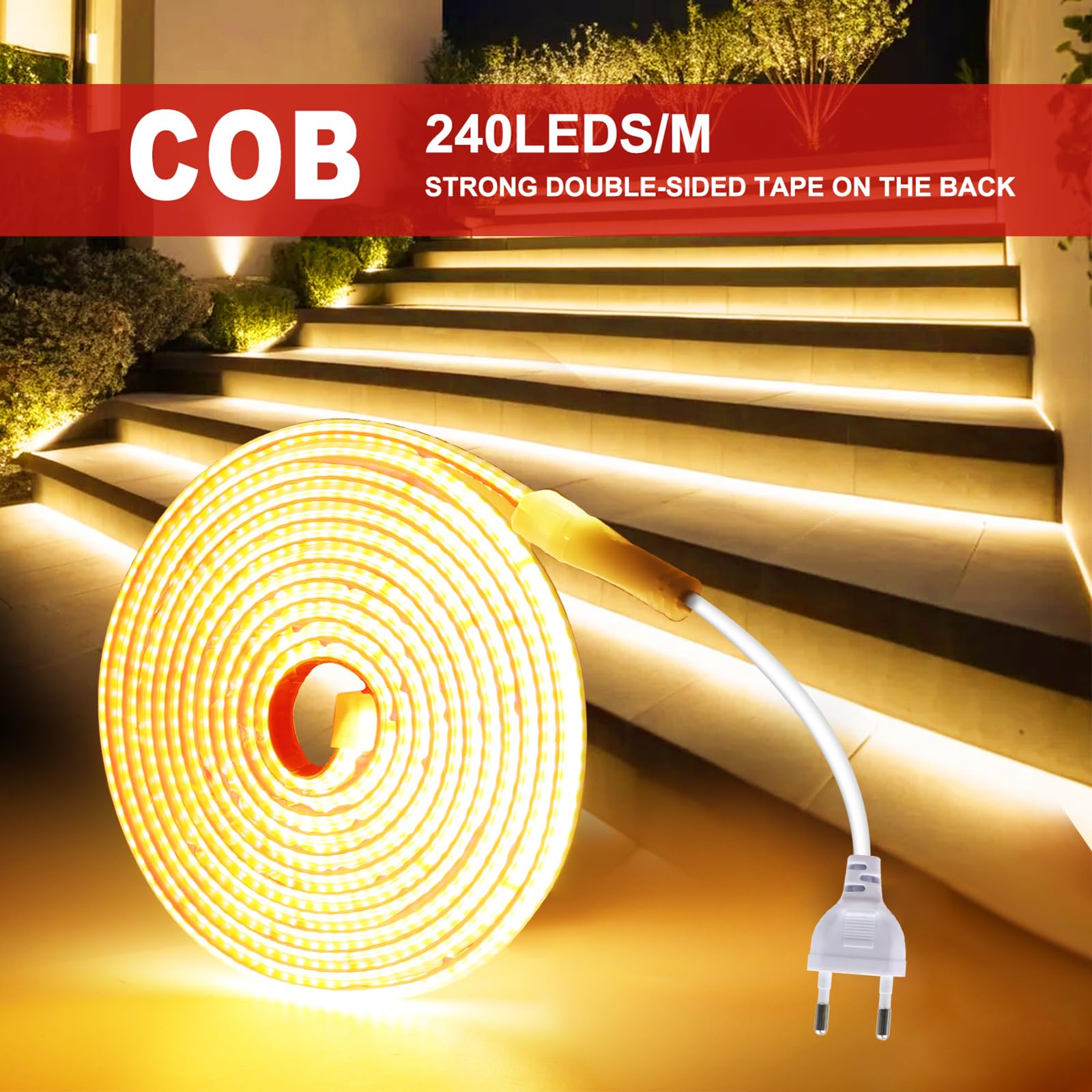 COB LED Band 35M AC220-240V Selbstklebend 240LEDs/m Warmweiß Flexible Superhell Lichtband