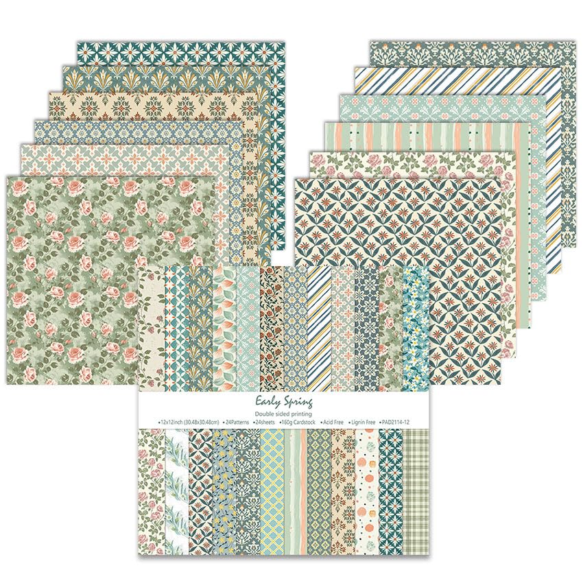 Scrapbook Papier 24 Blatt, 30,5 x 30,5 cm, Doppelseitiges Muster Papier, Elegant Blumenmuster Dekorpapier Set, Craft Papiers für DIY Fotoalbum und Scrapbook Dekoration (Blau und Grün)