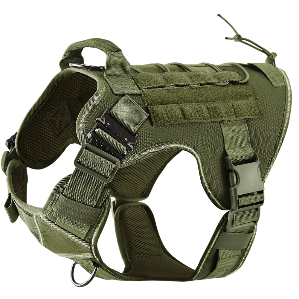 ELFTREE Tactical Dog Harness, 2X Metal Buckle, Military Reflective Dog Harness with Hidden Airtag Holder and Handle, Adjustable No-Pull Service Dog