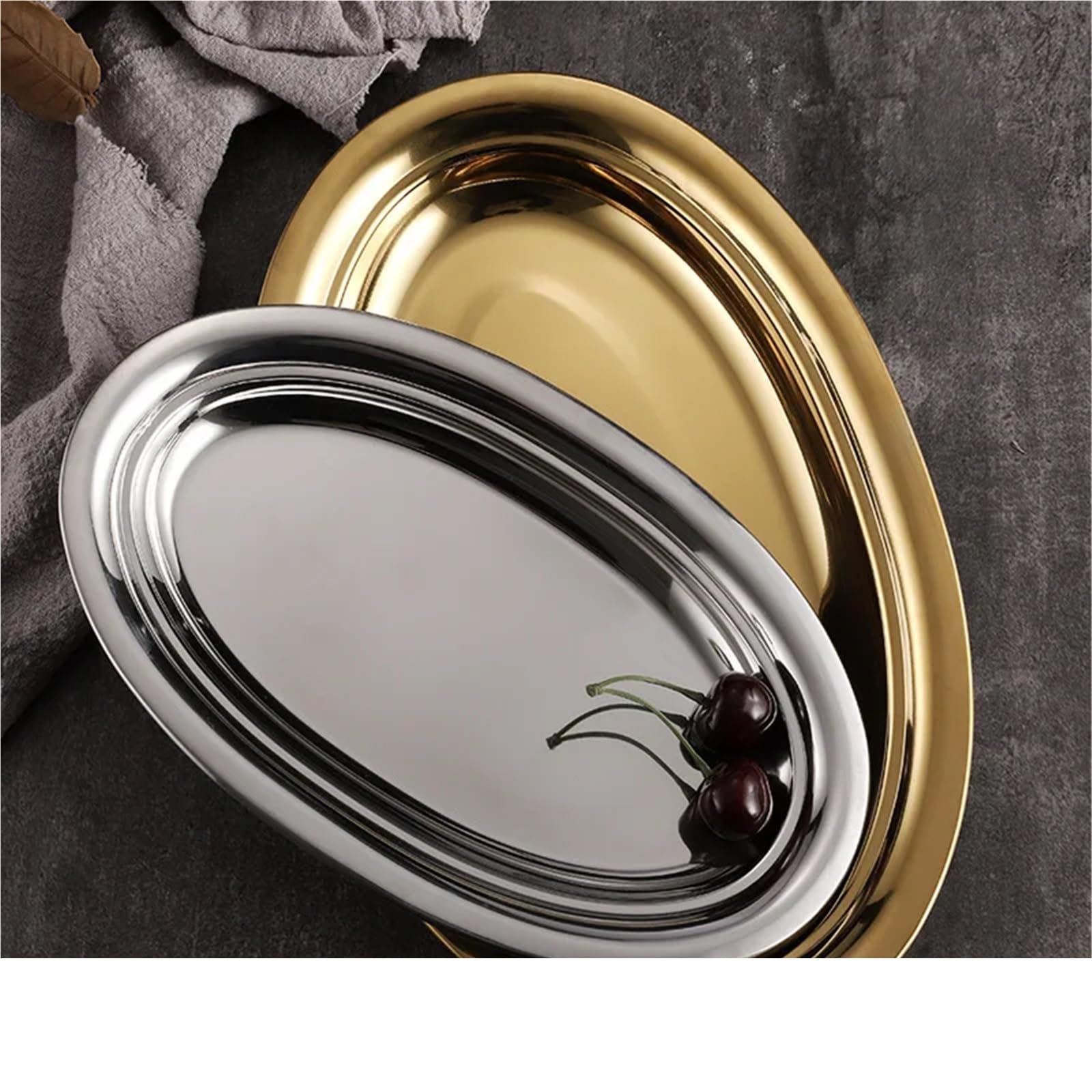 Bandeja de Servicio de Acero Inoxidable 2 Platos Ovalados De Acero Inoxidable con Forma Huevo For Pescado Al Vapor, Plato Dorado For Barbacoa Fideos Arroz(B 40cm)