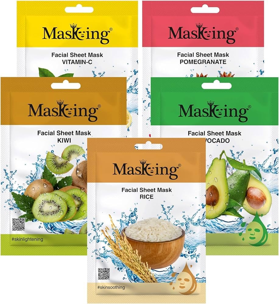 The Perfect 5 Pack Deal.!! Beauty Facial Sheet Mask with Real Extract of Pomegranate, Kiwi, Avocado, Rice & Vitamin C for Skin Lightening 100ml (Combo Of 5) (Small, 5, count)