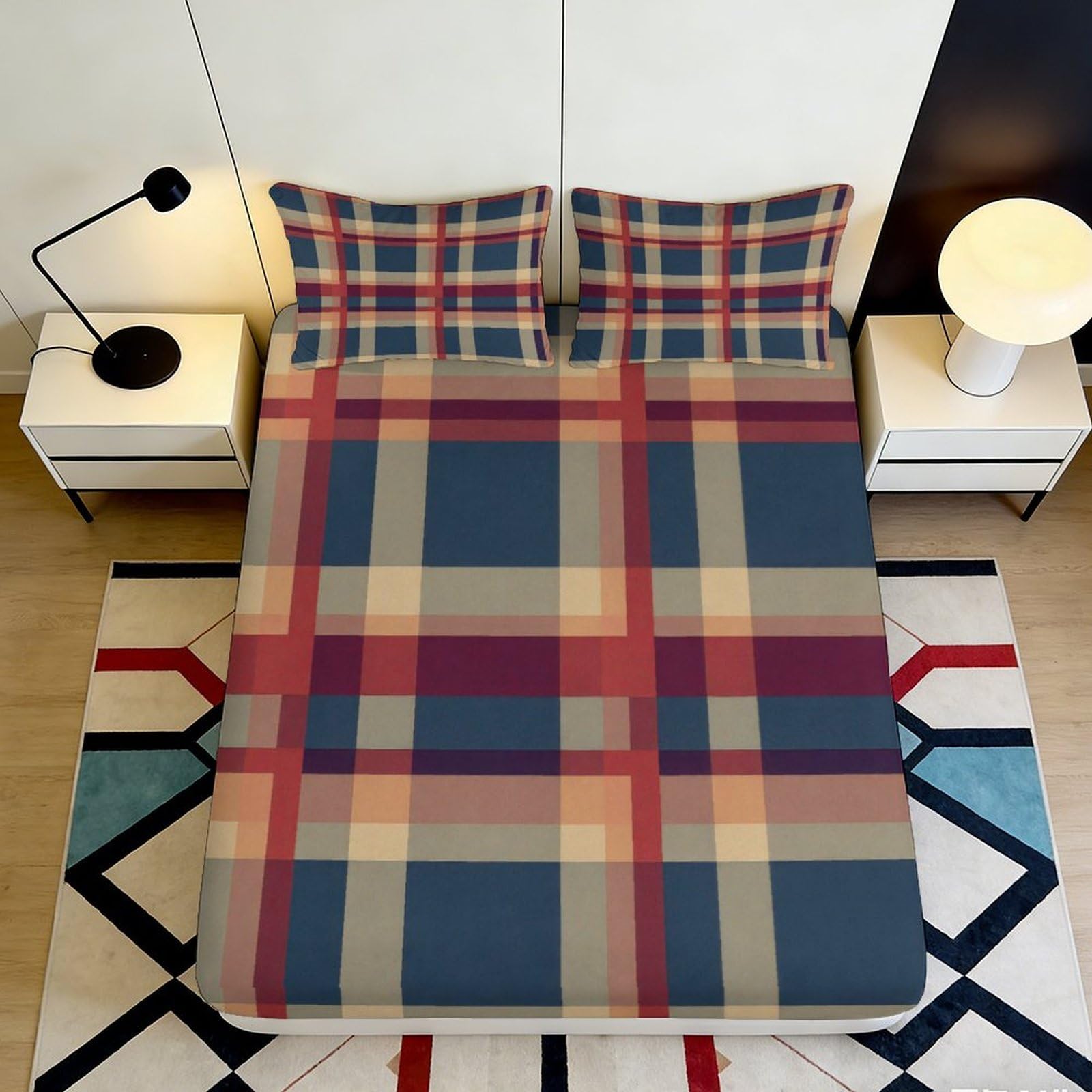 3D Printed Blue Red Plaid Fitted Sheet Microfiber Soft Checkered Mattress Cover for Bedroom Guest Room Dorm Decor 90x200x25cm