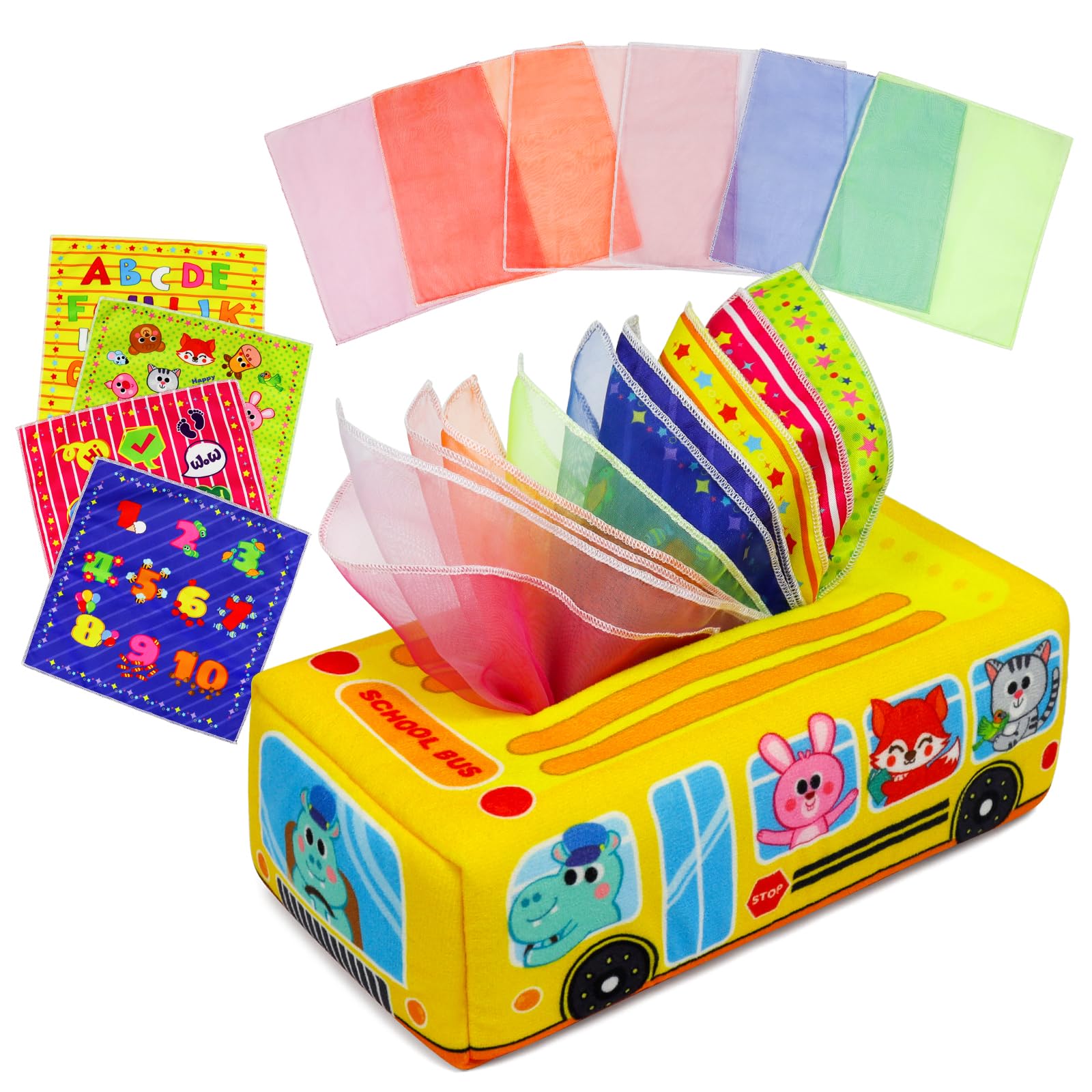 OKOOKO Baby Tissue Box Toy, Tissue Box Toy, Sensory Toys, Baby Toys, Montessori Sensory Baby Tissue Box Toy with 4 Tissue Paper and 6 Colorful Scarves, Washable Non-Toxic (Animals School Bus)