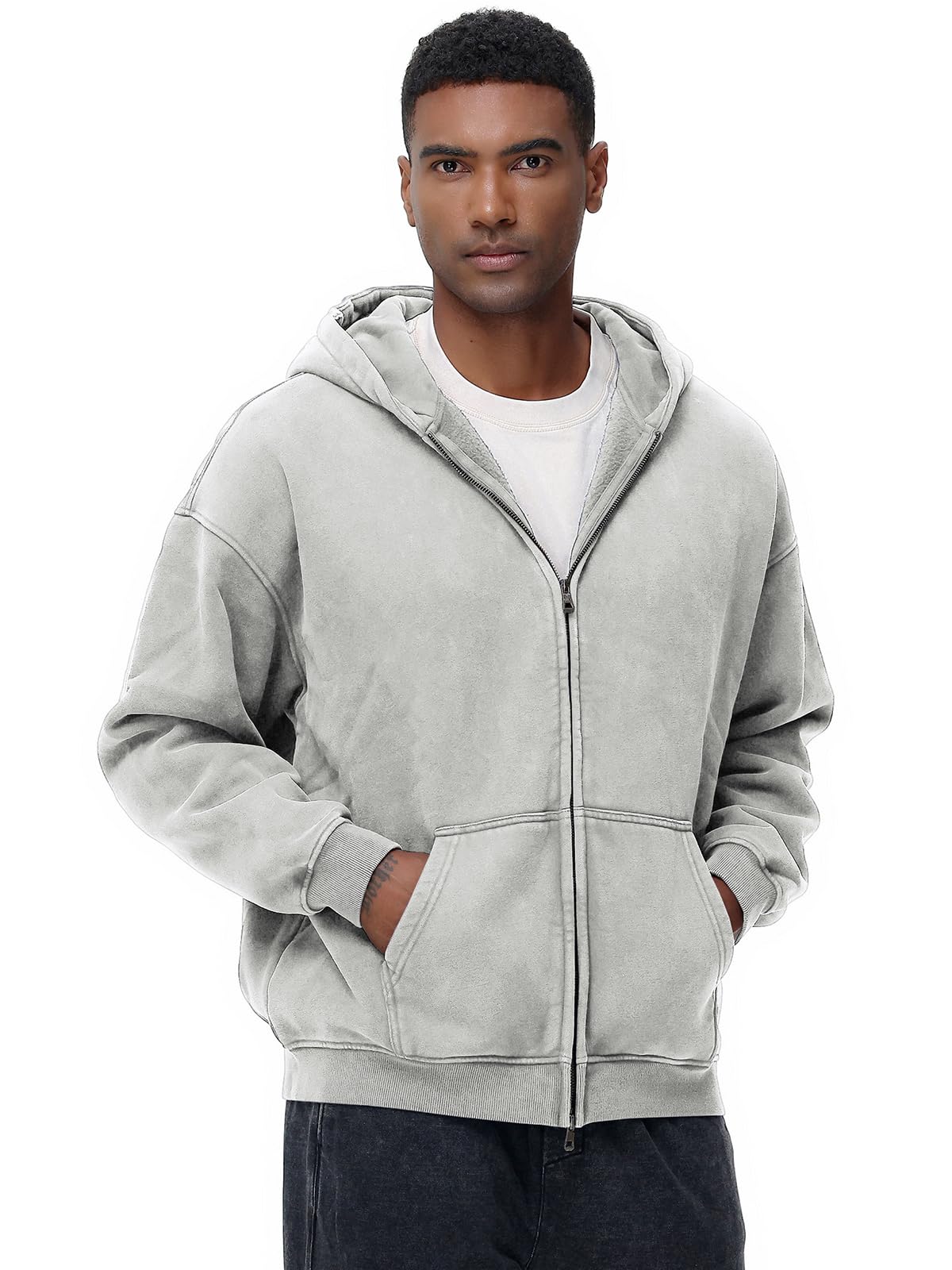 HOTIAN Herren Oversized Hoodie Pullover Vintage Fleece Pullover Acid Wash Basic Warm Kapuzenpullover mit Reißverschluss Streetwear
