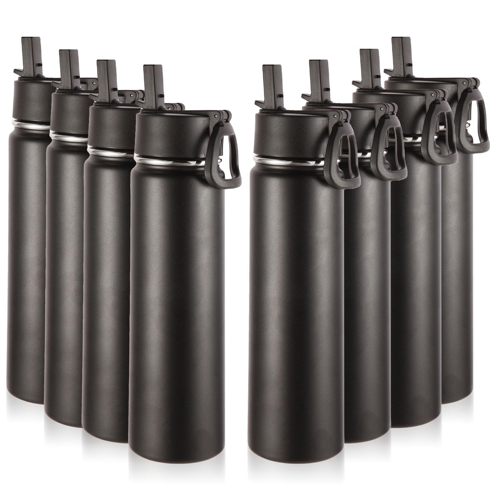 24oz Insulated Water Bottle with Straw Lid, Black, 8-Pack