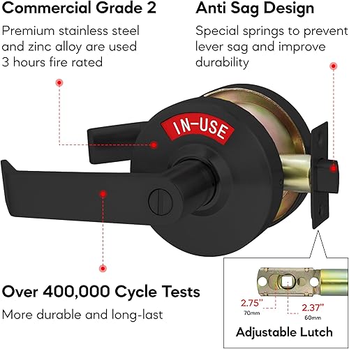 Miniatura 44 de VIZILOK Cerradura de puerta comercial para privacidad del baño, indicador ocupado vacante de alta resistencia en cromo satinado, grado ANSi 2