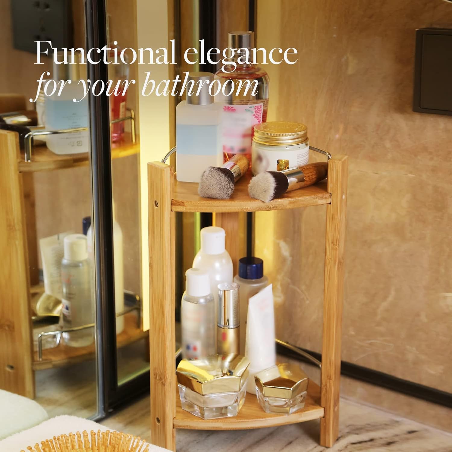 GOBAM Bamboo Shower Corner Caddy, Medium - 2 Tier Bathroom Organizer Countertop for Shampoo, Conditioner, Lotion, Soap - Standing Shower Stand for Kitchen, Bedroom, or Office