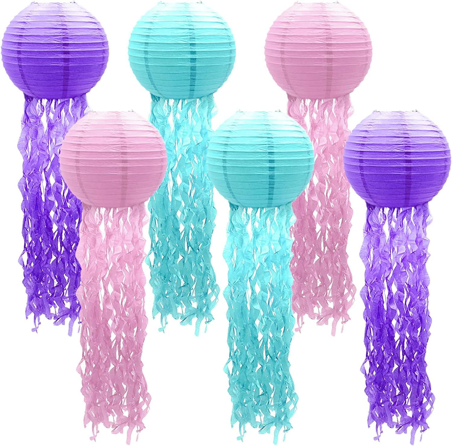 6pcs Hanging Jellyfish Paper Lanterns for Mermaid Theme Party Wedding Kids Birthday Baby Shower Party Ocean Mermaid Themed Party Jellyfish Decorations (Pure Color)