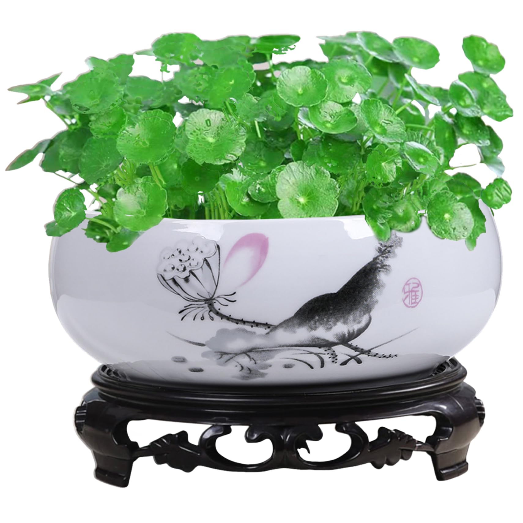 Uanqfegy Style1 Lotus Planter Ceramic, Water Lily Bowl With Base, Hydroponic Container For Garden Balcony Office Decor