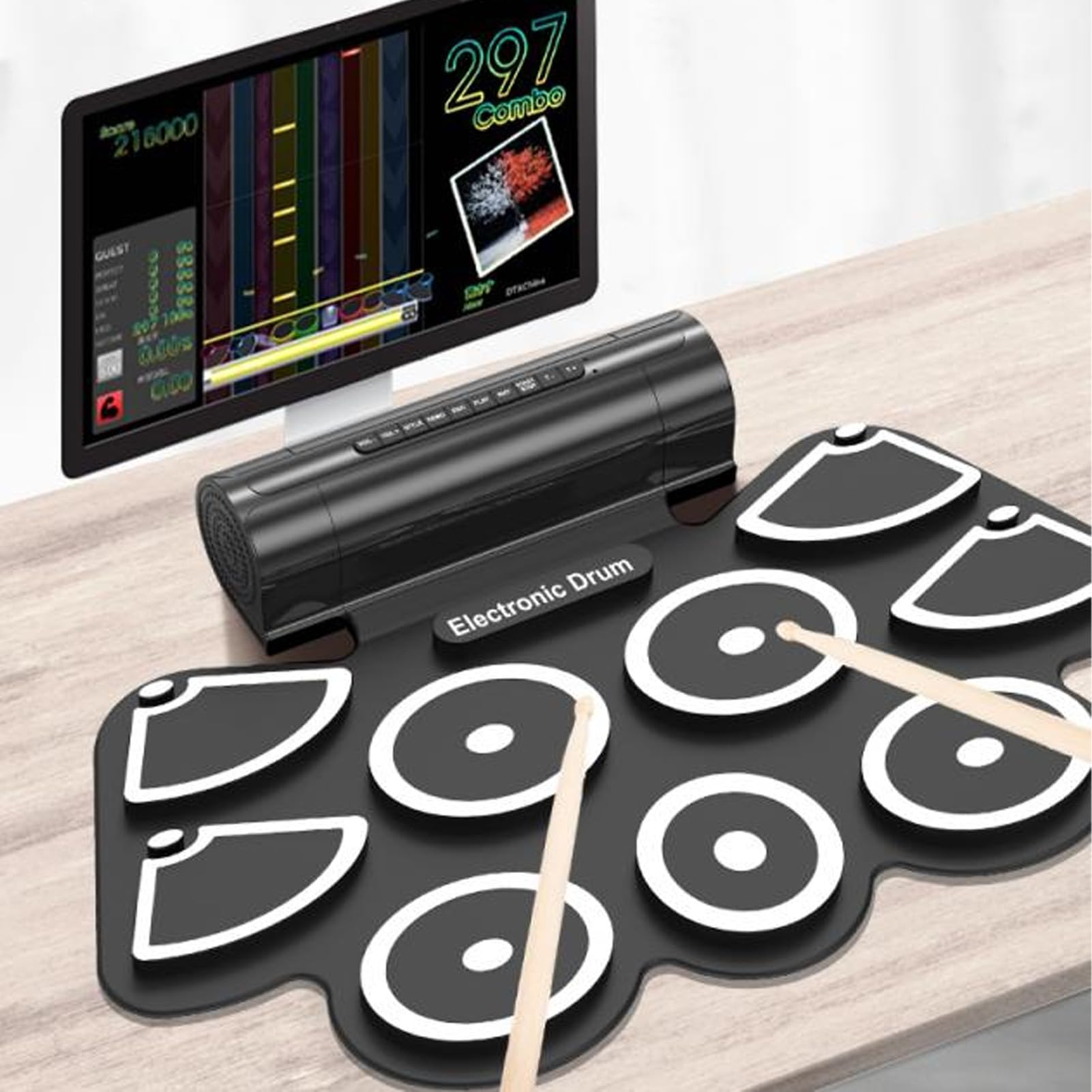 Batería Electrónica de 9 Pads con Interfaz MIDI USB, Pad de Batería Enrollable con Altavoces Integrados, Sonidos de Batería Analógicos Enormes para Fiestas Al Aire Libre