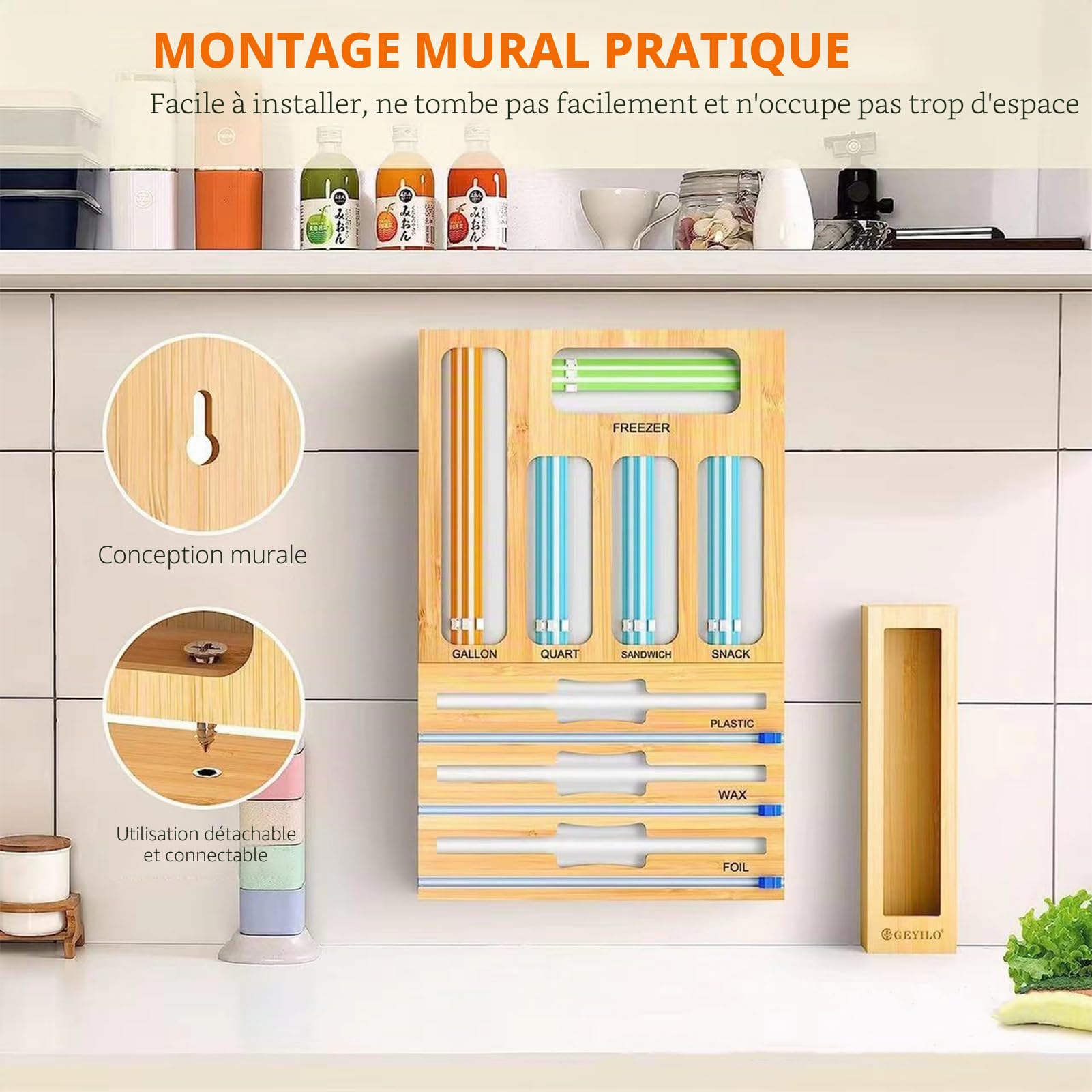 Lot de 3 coupe-capsules, distributeur de film d'aluminium et conservation de la fraîcheur, montage mural, 9 en 1, distributeur de film alimentaire, tiroir en bambou, pour cuisine et tiroirs